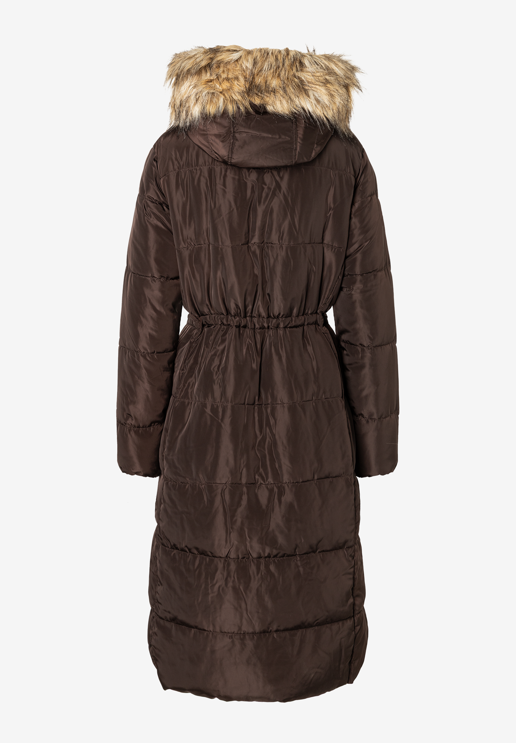 Eine lange, braune MORE & MORE Webware-Jacke mit wärmender Füllung, Kapuze und Fellrand von hinten. Eine lange, braune MORE & MORE Webware-Jacke mit wärmender Füllung, Kapuze und Fellrand von hinten.