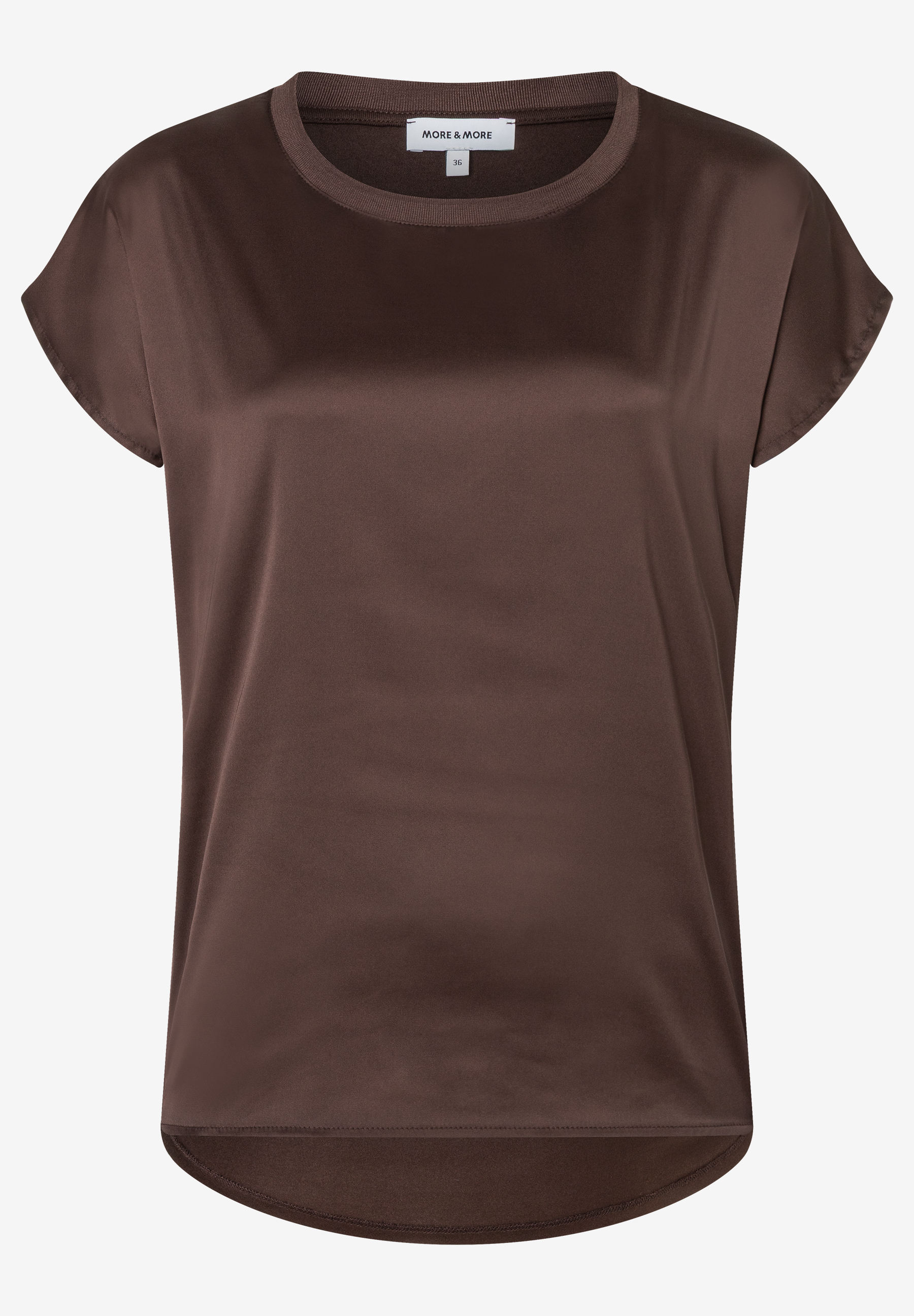 MORE & MORE T-Shirt aus Satin in Braun. Kurzärmliges Oberteil mit glänzendem Finish und geripptem Rundhalsausschnitt. MORE & MORE T-Shirt aus Satin in Braun. Kurzärmliges Oberteil mit glänzendem Finish und geripptem Rundhalsausschnitt.