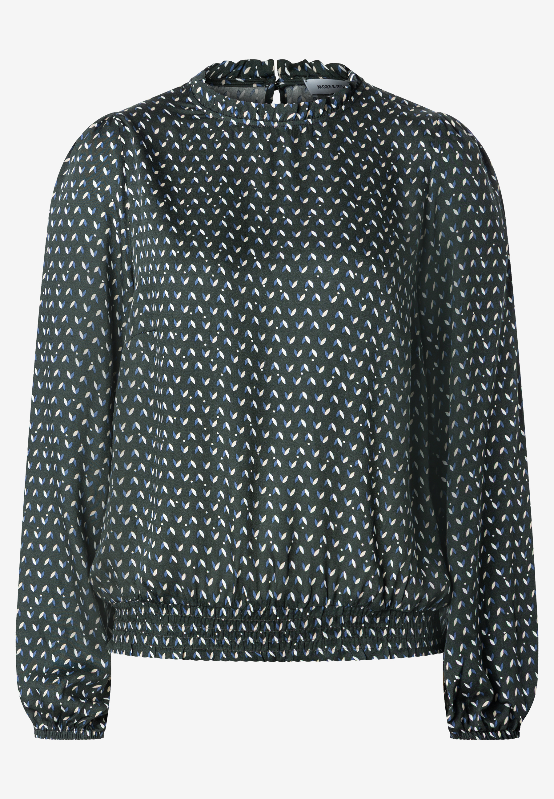 MORE & MORE Bluse: Dunkelgrüne Bluse mit Rüschenkragen und Gummizug an Ärmelenden/Saum, gemustert mit kleinen weißen/blauen Blättern und Punkten. MORE & MORE Bluse: Dunkelgrüne Bluse mit Rüschenkragen und Gummizug an Ärmelenden/Saum, gemustert mit kleinen weißen/blauen Blättern und Punkten.