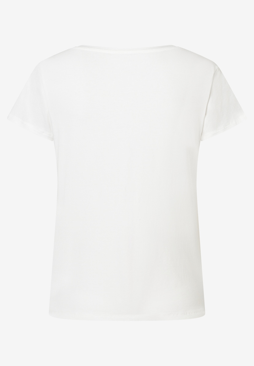 MORE & MORE Damen T-Shirt aus elastischer Baumwollmischung in Weiß, Rückenansicht, minimalistisch. MORE & MORE Damen T-Shirt aus elastischer Baumwollmischung in Weiß, Rückenansicht, minimalistisch.