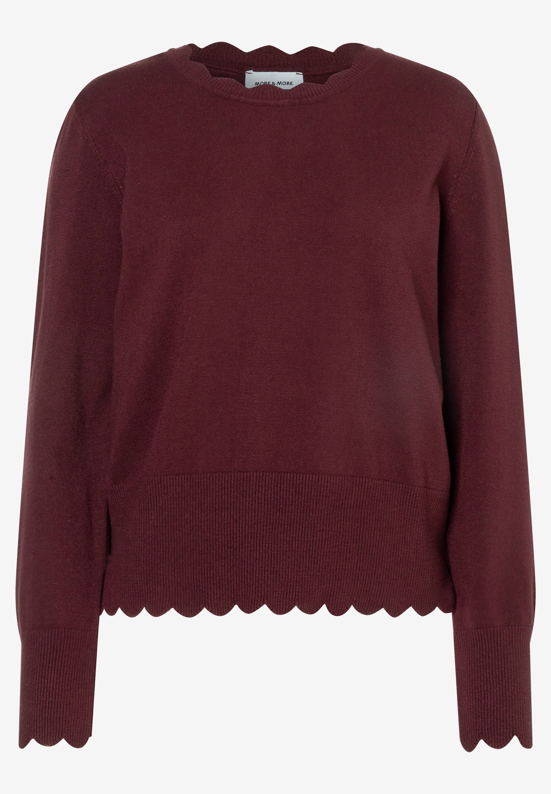 MORE & MORE Pullover in Dunkelrot mit Wellenkante am Ausschnitt und Saum, gerippten Bündchen.