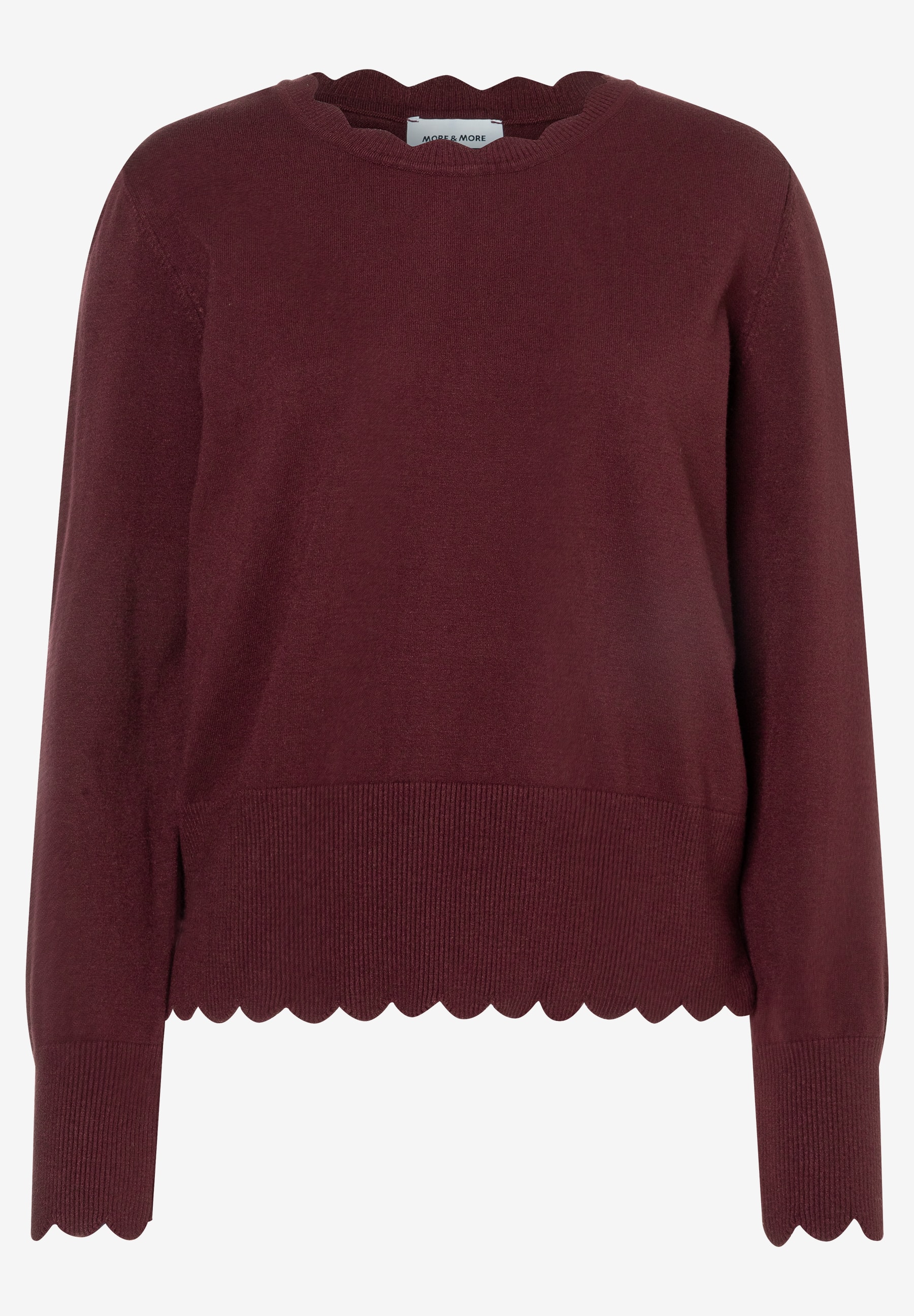 MORE & MORE Pullover in Dunkelrot mit Wellenkante am Ausschnitt und Saum, gerippten Bündchen.