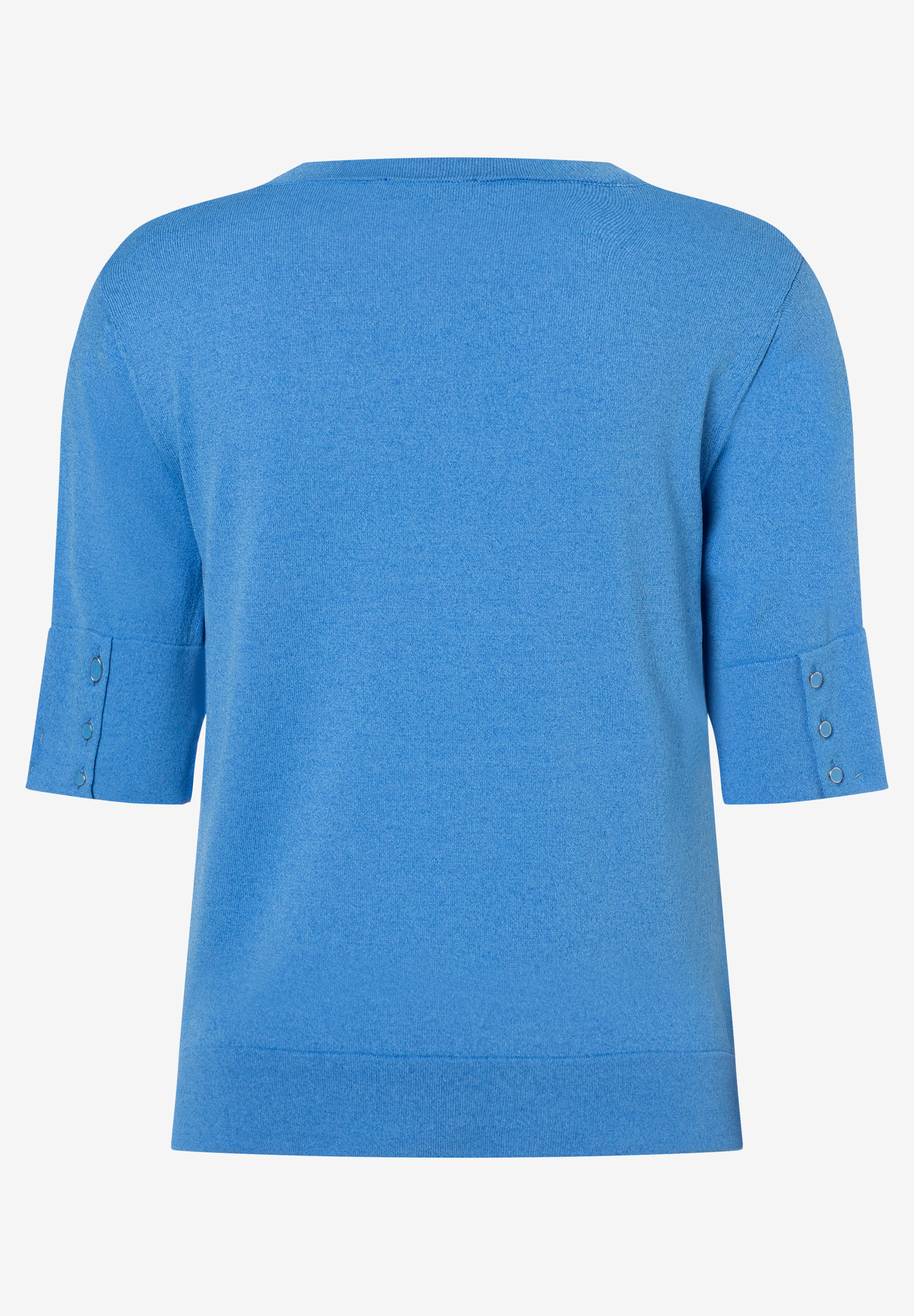 MORE & MORE Feinstrick-Pullover in Himmelblau mit halblangen Ärmeln und 3 Zierknöpfen an den Manschetten. MORE & MORE Feinstrick-Pullover in Himmelblau mit halblangen Ärmeln und 3 Zierknöpfen an den Manschetten.