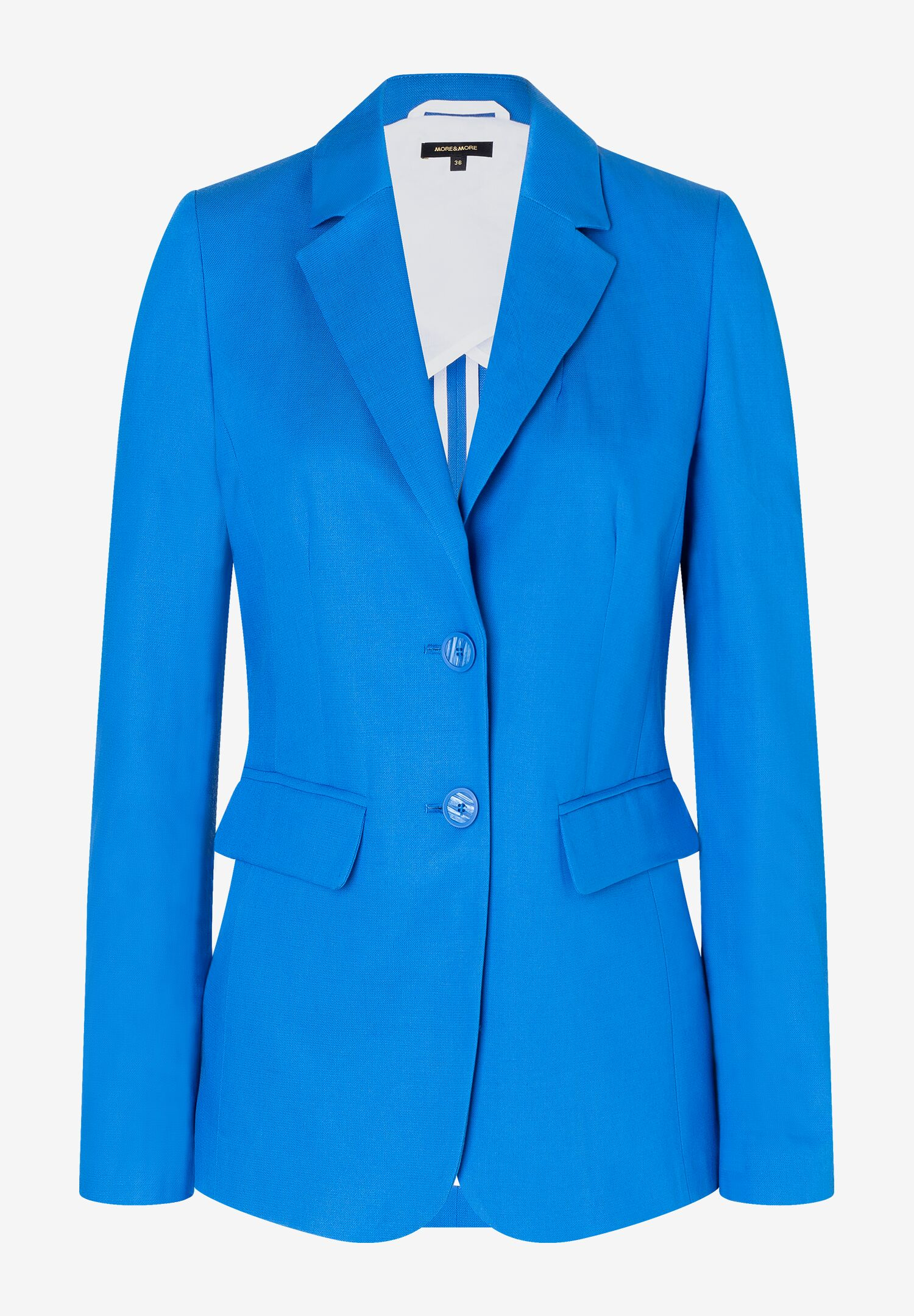 Ein blauer Blazer der Marke MORE & MORE mit Reverskragen und zwei Knöpfen. Ein blauer Blazer der Marke MORE & MORE mit Reverskragen und zwei Knöpfen.