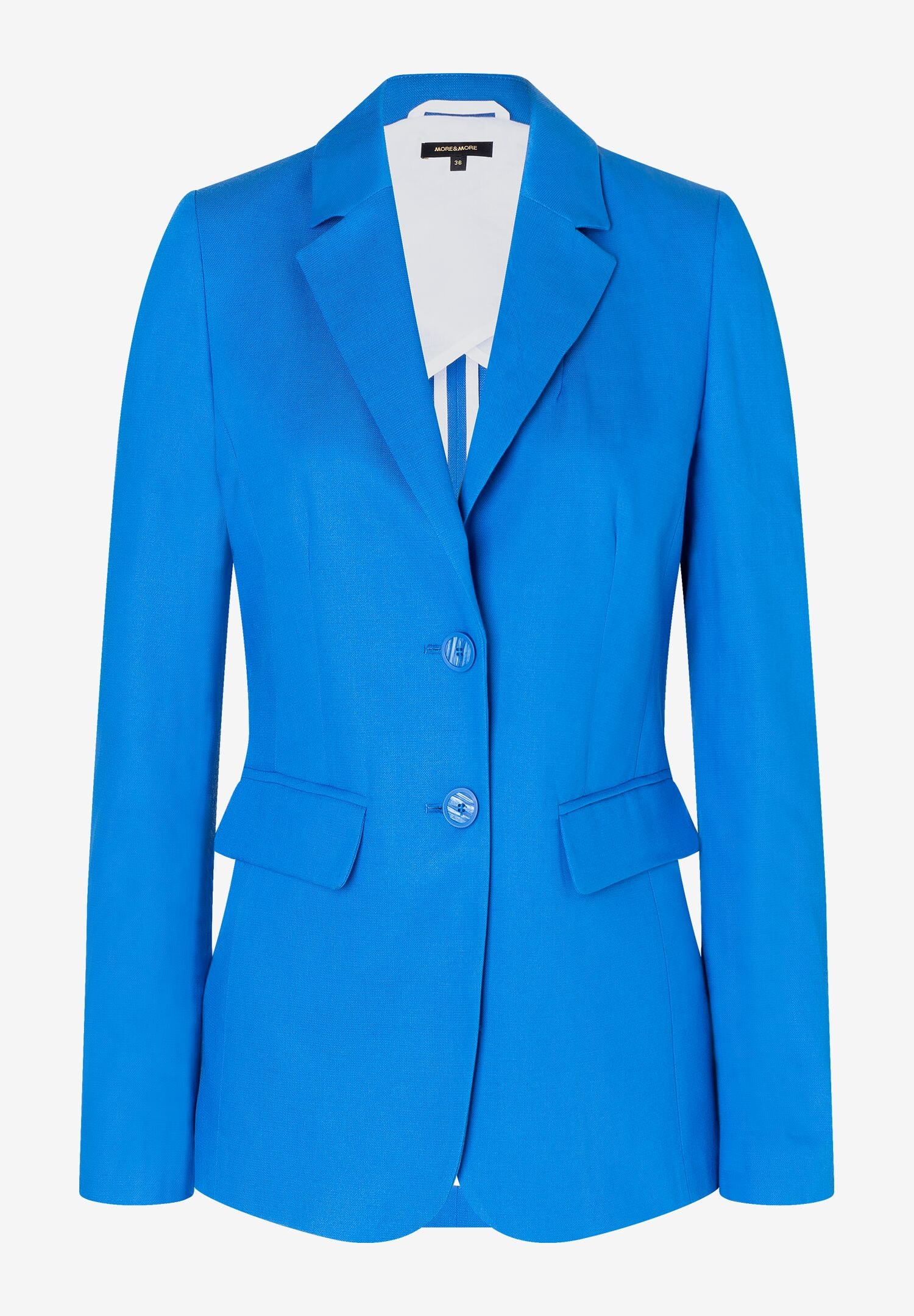 Ein blauer Blazer der Marke MORE & MORE mit Reverskragen und zwei Knöpfen. Ein blauer Blazer der Marke MORE & MORE mit Reverskragen und zwei Knöpfen.