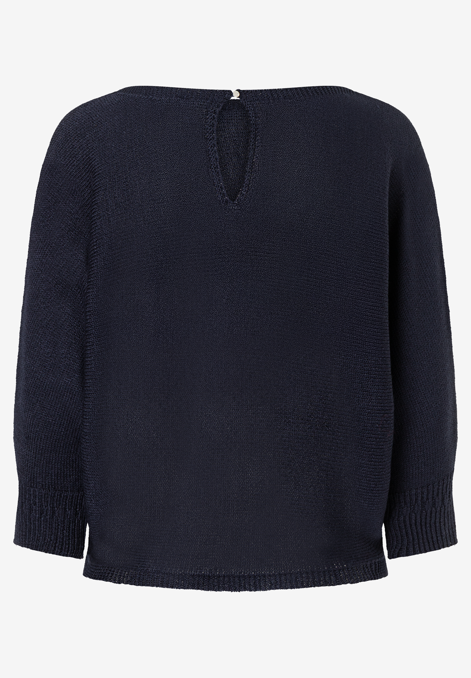 Marineblauer Strick-Pullover von MORE & MORE mit glänzender Optik und Schlüsselloch-Detail am Rücken. Marineblauer Strick-Pullover von MORE & MORE mit glänzender Optik und Schlüsselloch-Detail am Rücken.