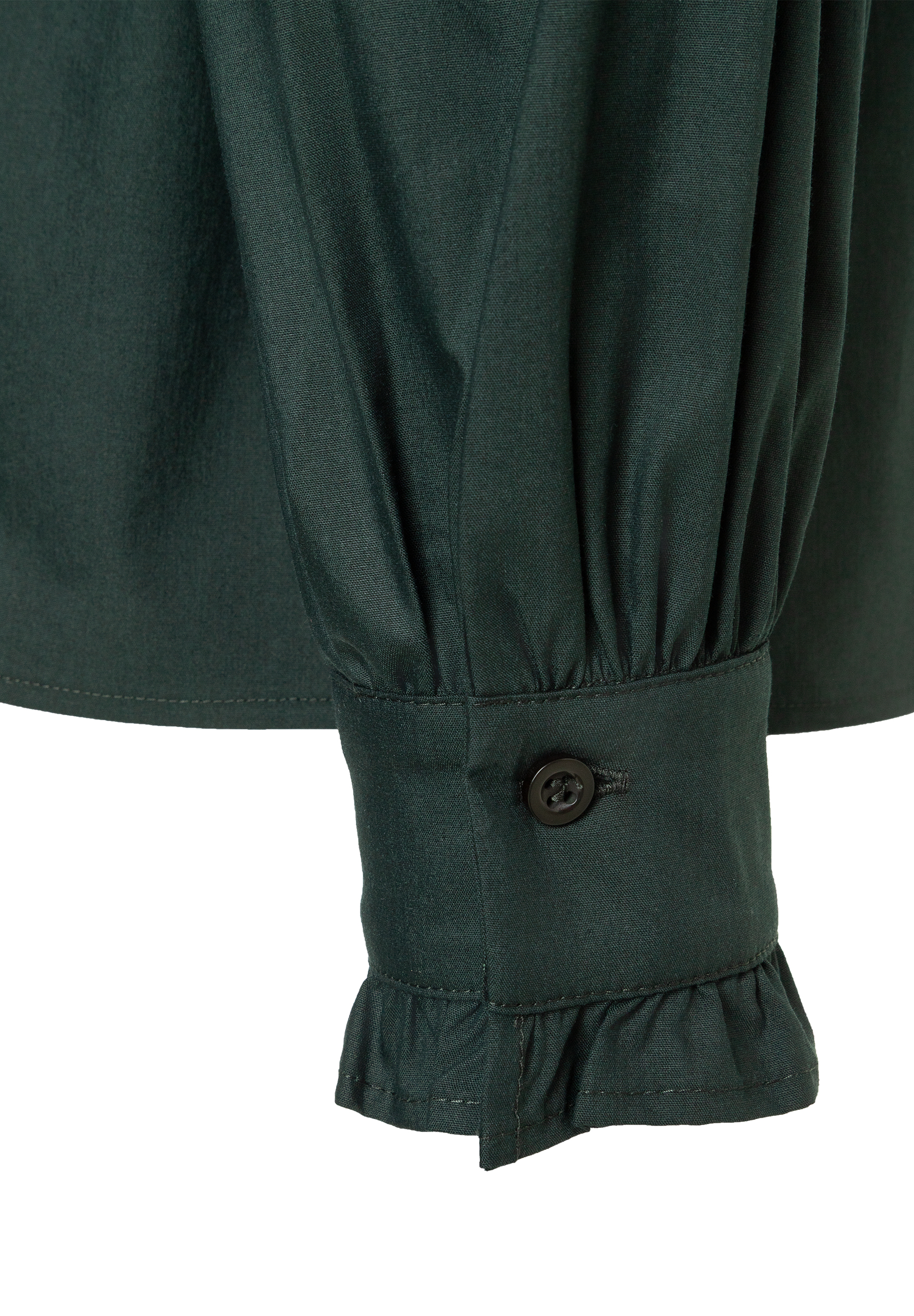 MORE & MORE Damen-Bluse: Detailansicht des Ärmelendes mit gerafftem Bund und Knopf in Dunkelgrün. MORE & MORE Damen-Bluse: Detailansicht des Ärmelendes mit gerafftem Bund und Knopf in Dunkelgrün.