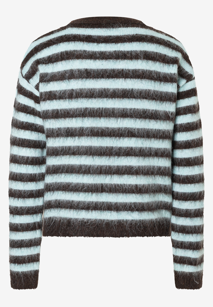 Ein gestreifter MORE & MORE Strick-Pullover mit braunen und hellblauen horizontalen Streifen. Ein gestreifter MORE & MORE Strick-Pullover mit braunen und hellblauen horizontalen Streifen.