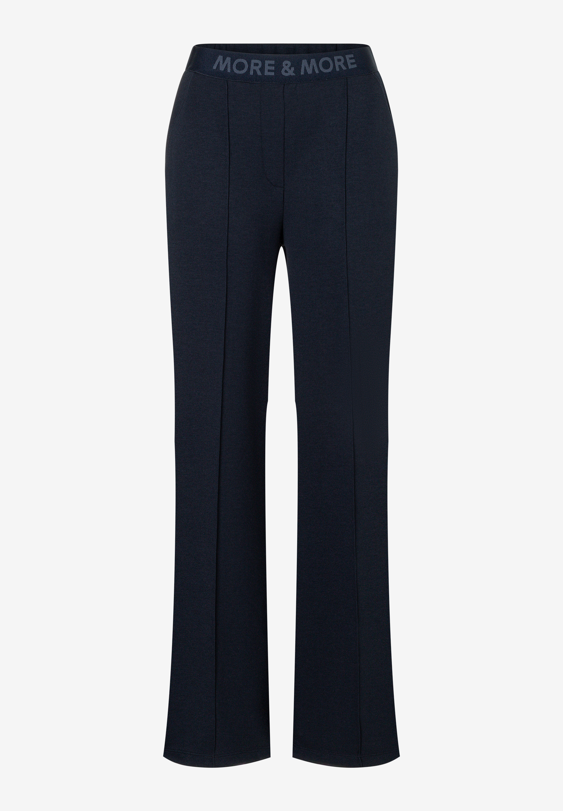 MORE & MORE Damen-Hose in Dunkelblau mit geradem Bein, Bügelfalten und einem elastischen Bund mit Logo-Schriftzug.