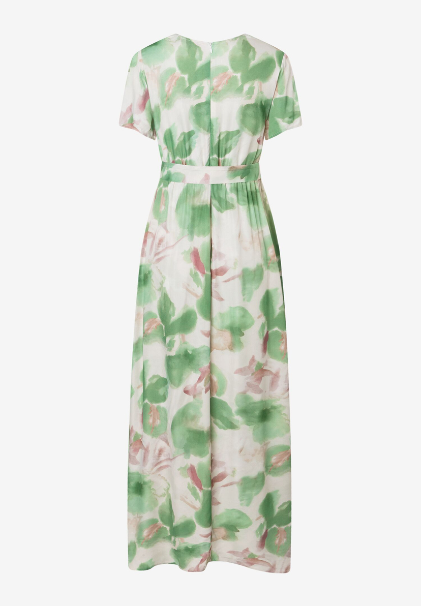 Ein blumiges, grünes MORE & MORE Oberteil aus Viskose mit kurzem Arm und Gürtel.