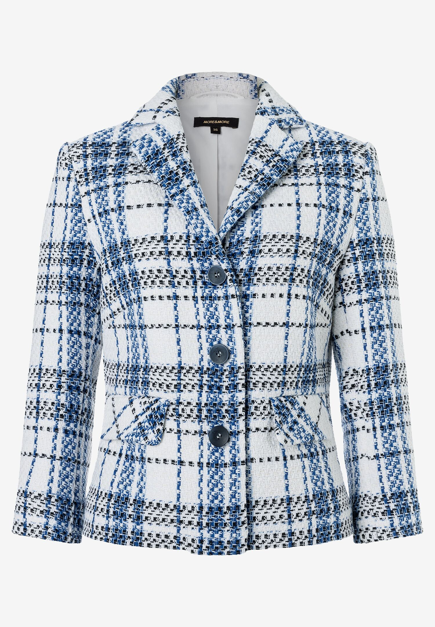 Ein Bouclé-Blazer von MORE & MORE mit blau-weißem Karomuster und Knopfleiste. Ein Bouclé-Blazer von MORE & MORE mit blau-weißem Karomuster und Knopfleiste.