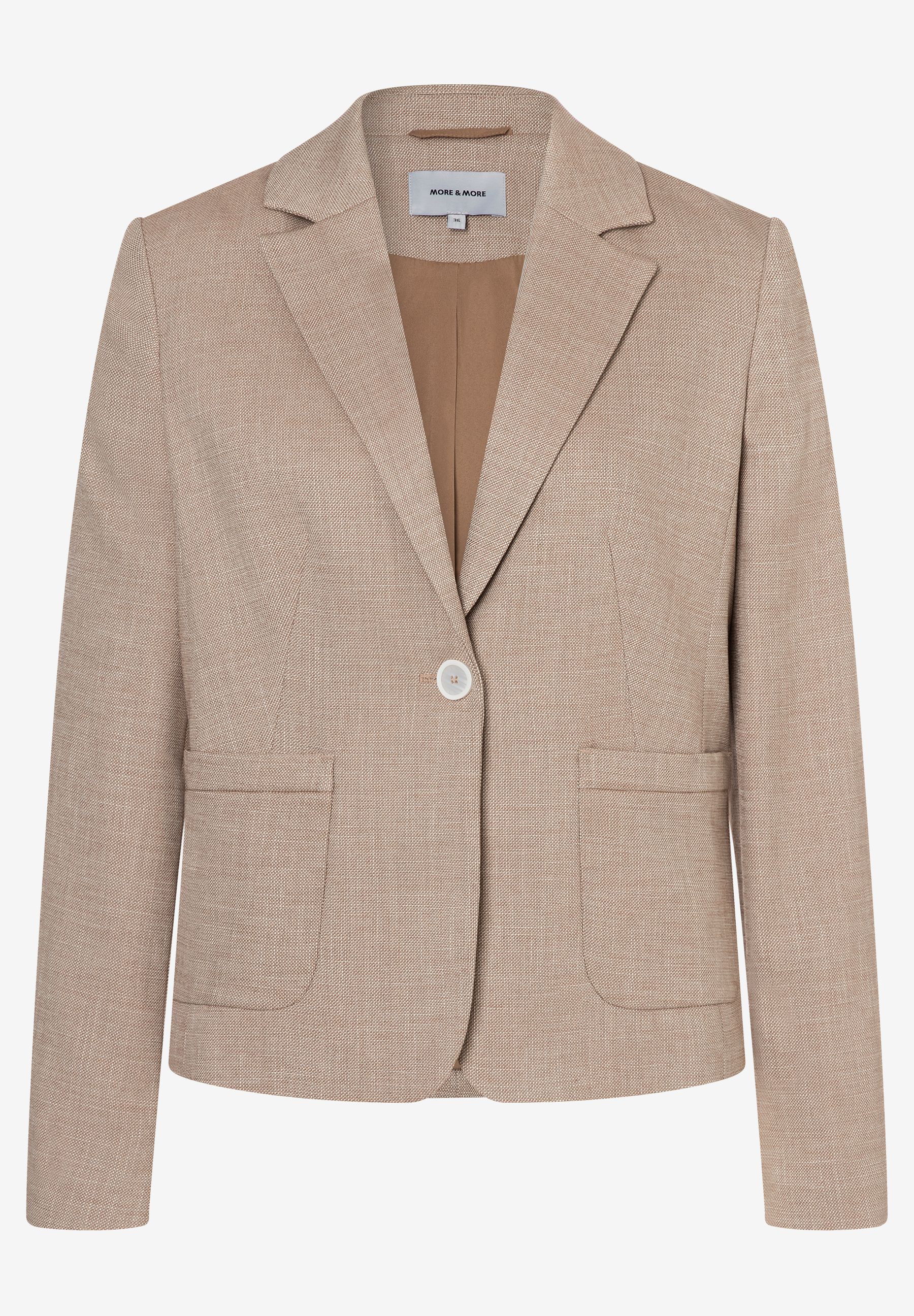 Ein beiger Blazer von MORE & MORE mit einer Knopfleiste und Taschen. Ein beiger Blazer von MORE & MORE mit einer Knopfleiste und Taschen.