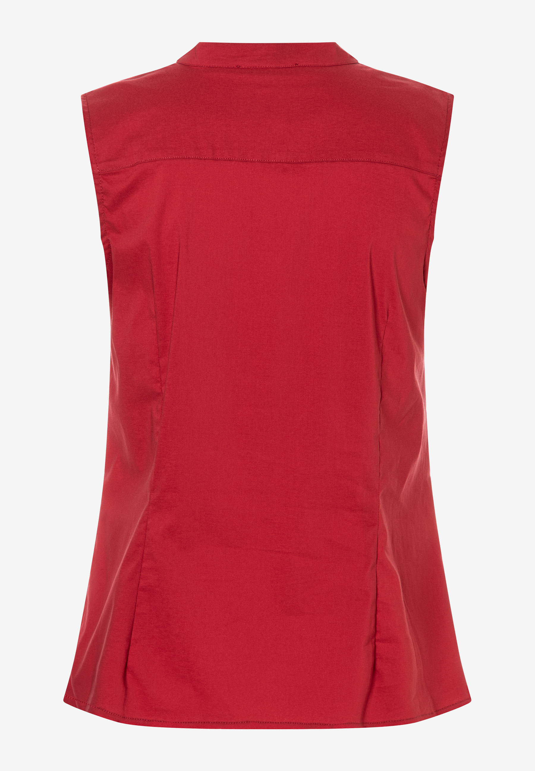 MORE & MORE rote, ärmellose Bluse mit Kragen, die auf einem weißen Hintergrund flach liegt. Der Stoff hat eine leichte Struktur. MORE & MORE rote, ärmellose Bluse mit Kragen, die auf einem weißen Hintergrund flach liegt. Der Stoff hat eine leichte Struktur.