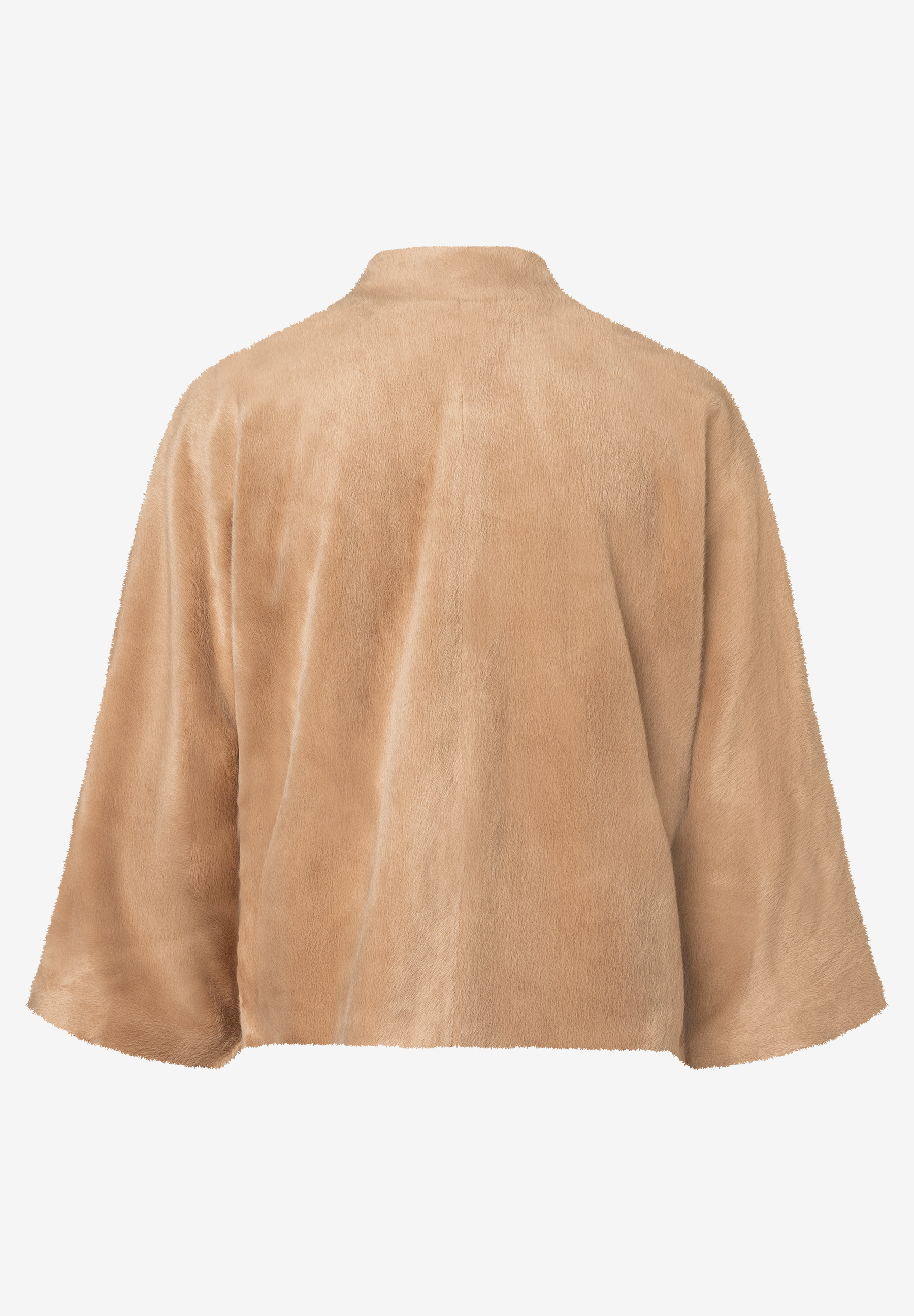 Rückansicht einer beigefarbenen MORE & MORE Jacke aus Kunstfell, die Wärme spendet. Rückansicht einer beigefarbenen MORE & MORE Jacke aus Kunstfell, die Wärme spendet.