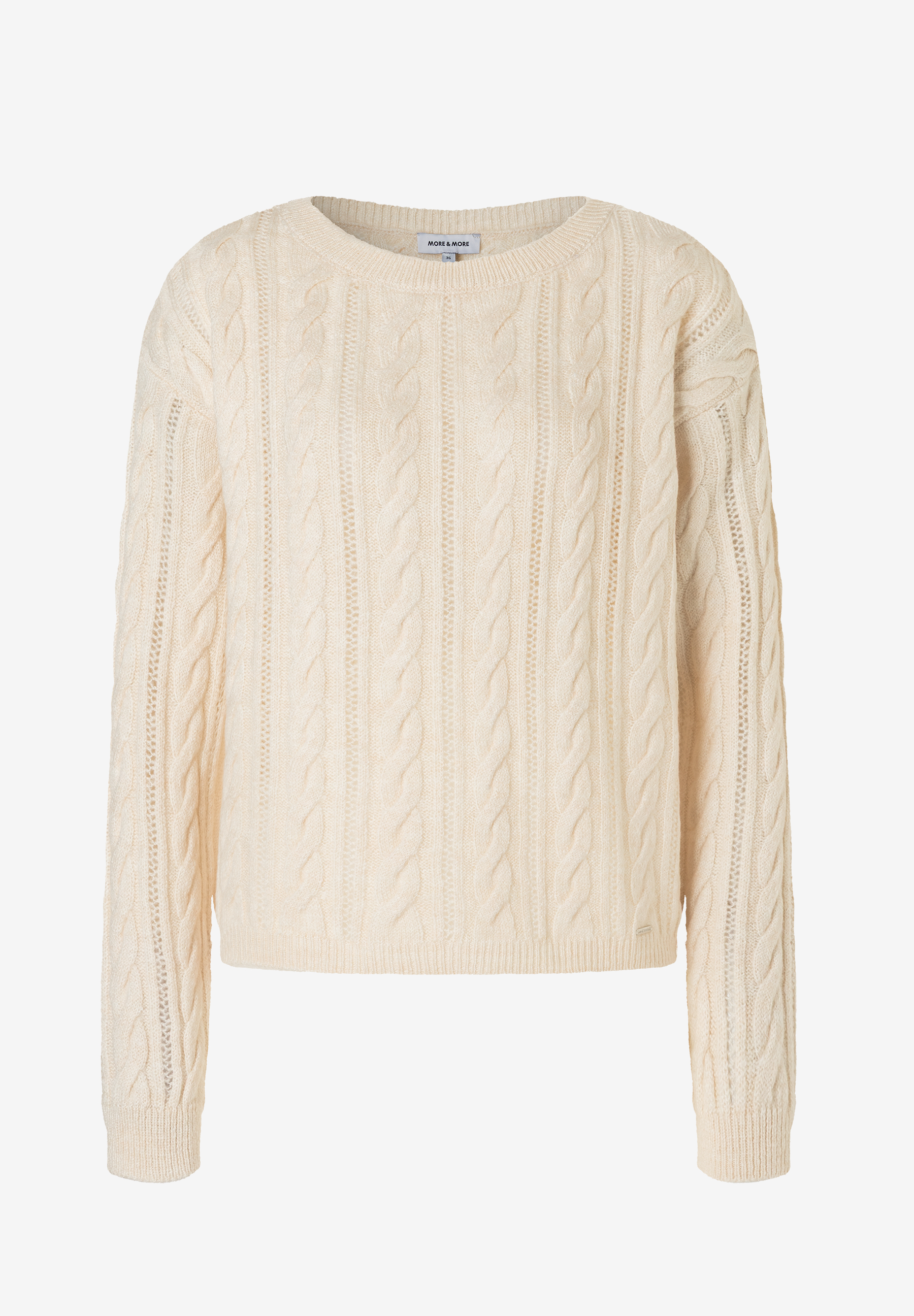 Ein MORE & MORE Pullover mit Zopfstrickmuster und Rundhalsausschnitt. Ein MORE & MORE Pullover mit Zopfstrickmuster und Rundhalsausschnitt.