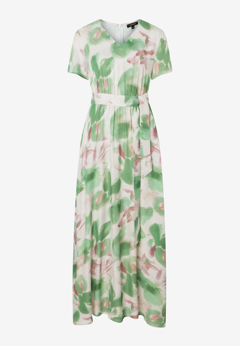 Ein langes, helles Kleid der Marke MORE & MORE mit grün-rosa Farbtupfern und einem passenden Stoffgürtel. Ein langes, helles Kleid der Marke MORE & MORE mit grün-rosa Farbtupfern und einem passenden Stoffgürtel.