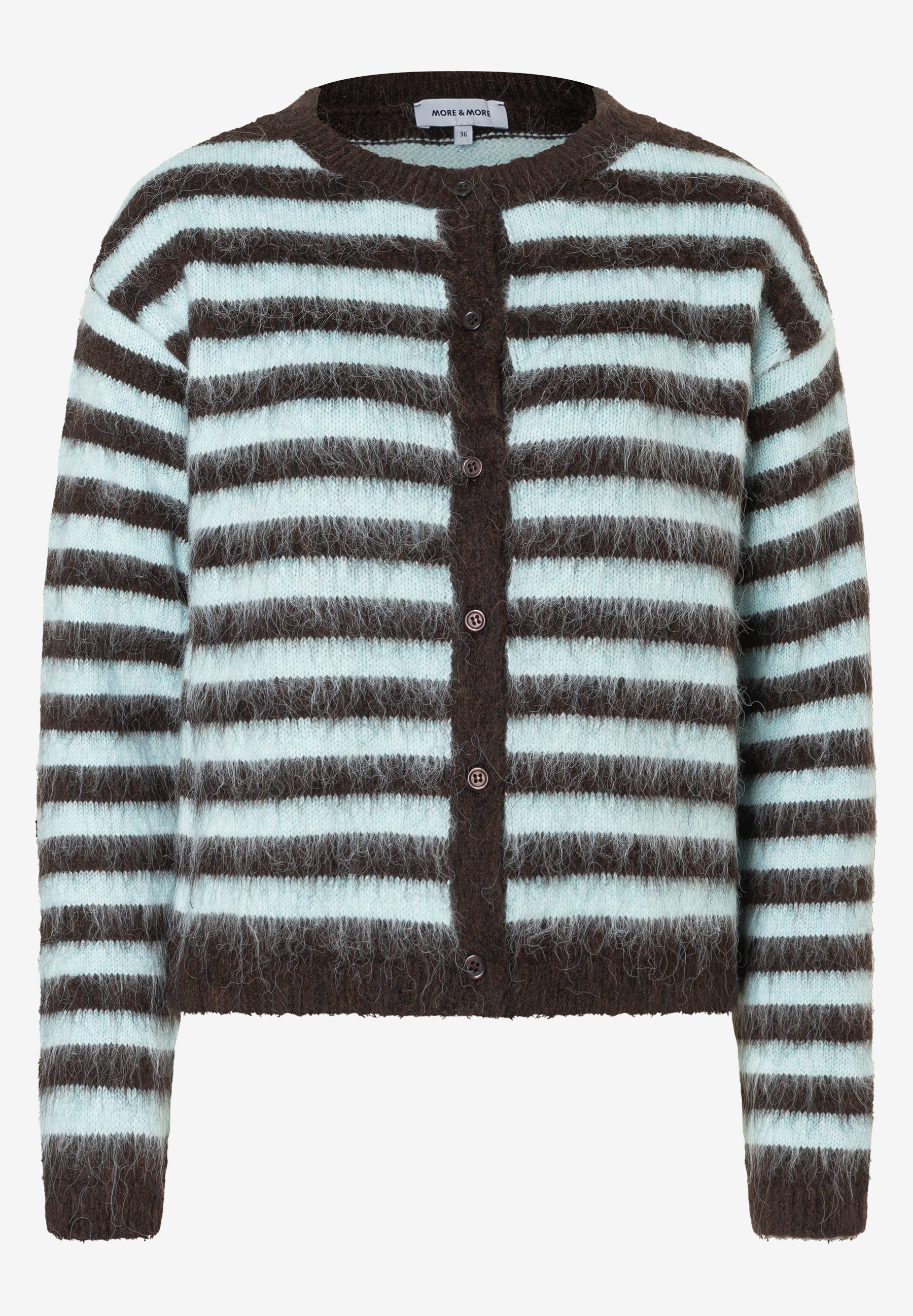 Ein gestreifter MORE & MORE Cardigan in Braun und Mintgrün mit Knopfleiste. Ein gestreifter MORE & MORE Cardigan in Braun und Mintgrün mit Knopfleiste.