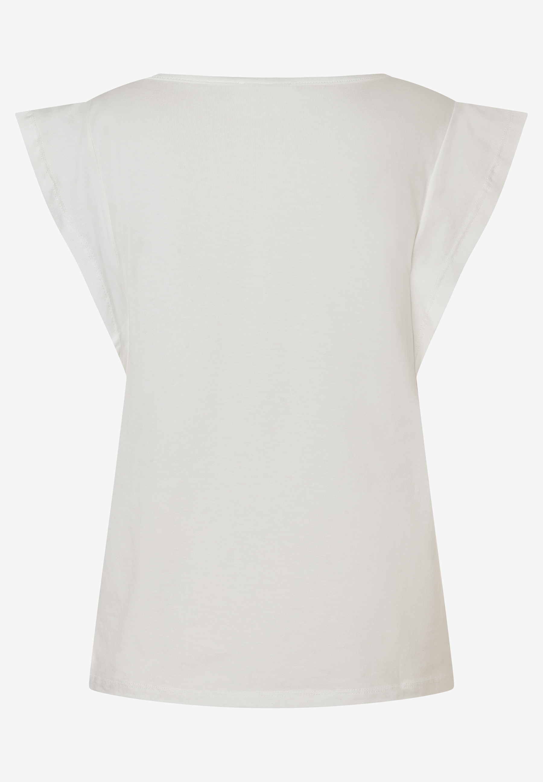 MORE & MORE weißes T-Shirt aus elastischem Jersey-Material mit kurzen Ärmeln und U-Boot-Ausschnitt, Rückansicht. MORE & MORE weißes T-Shirt aus elastischem Jersey-Material mit kurzen Ärmeln und U-Boot-Ausschnitt, Rückansicht.