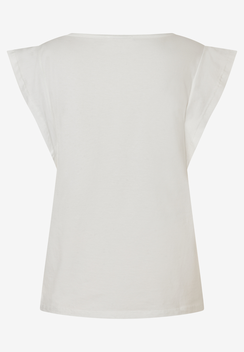 MORE & MORE weißes T-Shirt aus elastischem Jersey-Material mit kurzen Ärmeln und U-Boot-Ausschnitt, Rückansicht. MORE & MORE weißes T-Shirt aus elastischem Jersey-Material mit kurzen Ärmeln und U-Boot-Ausschnitt, Rückansicht.