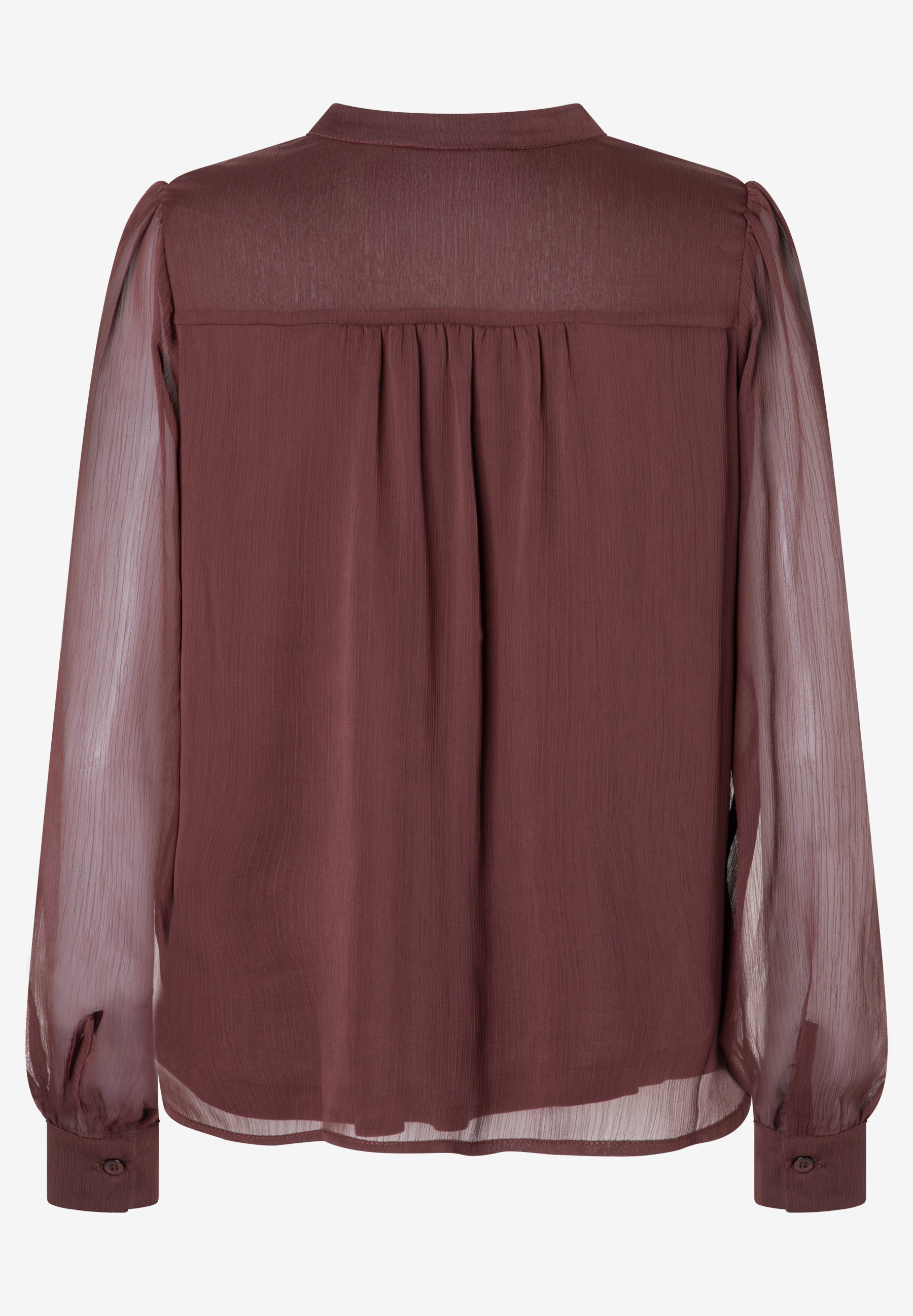 Rückansicht einer bordeauxroten MORE & MORE Chiffon-Bluse mit langen, transparenten Ärmeln und Knopfverschluss. Rückansicht einer bordeauxroten MORE & MORE Chiffon-Bluse mit langen, transparenten Ärmeln und Knopfverschluss.
