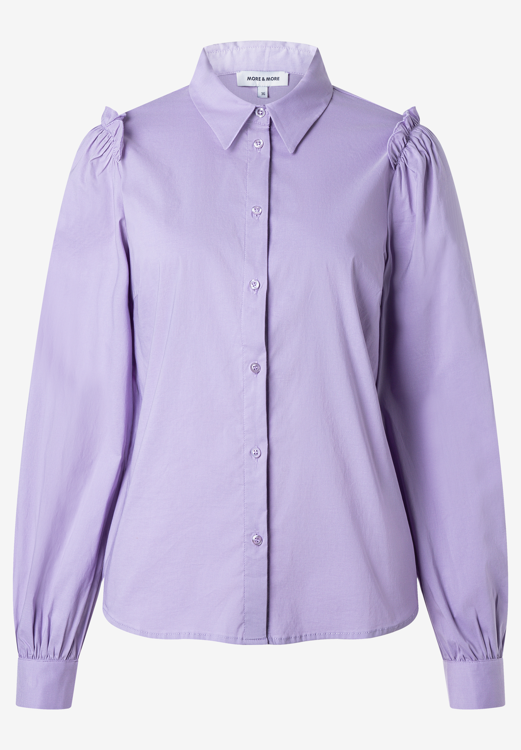 MORE & MORE Bluse in Lila, mit Puffärmeln und Manschetten, auf neutralem Hintergrund.