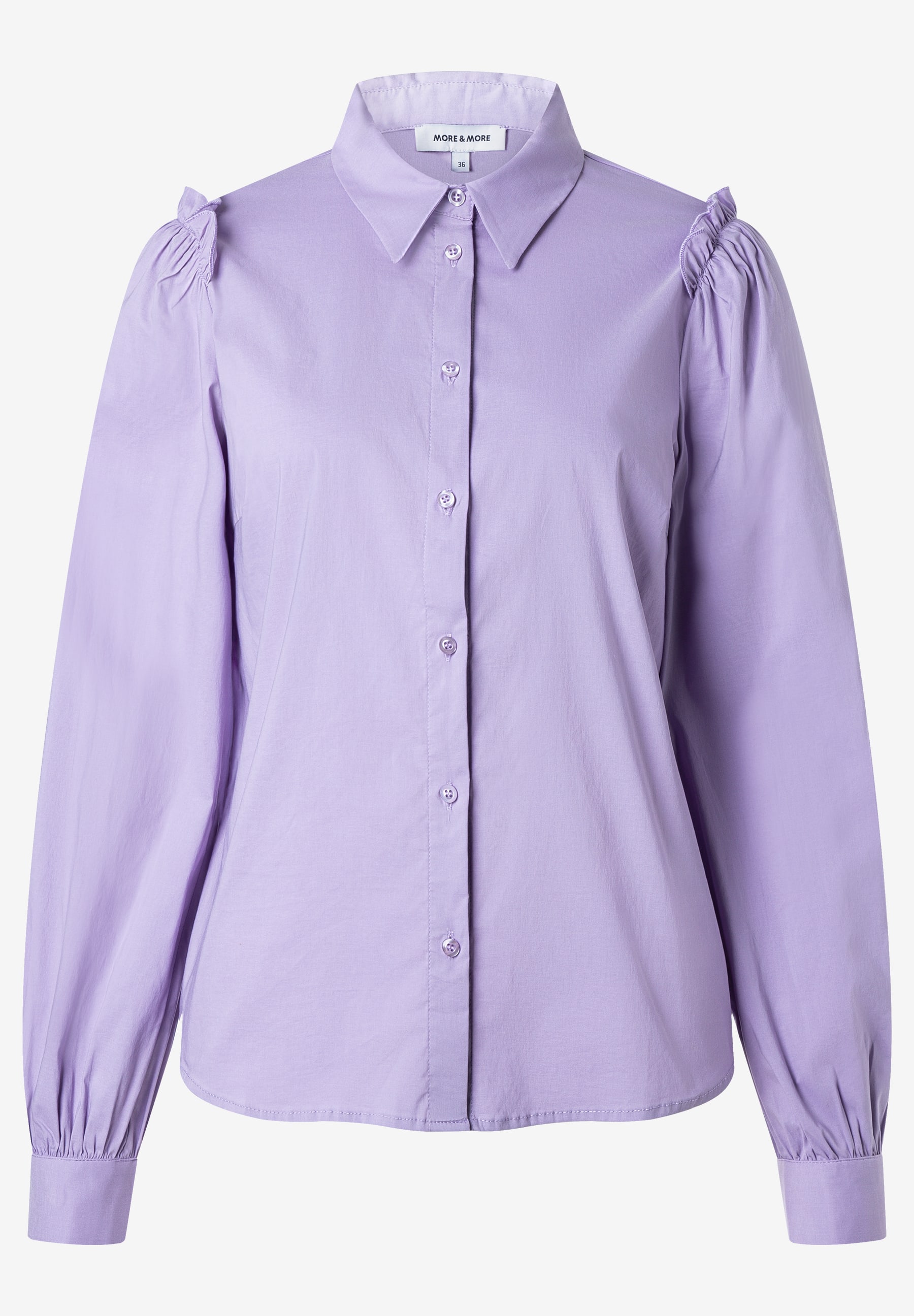 MORE & MORE Bluse in Lila, mit Puffärmeln und Manschetten, auf neutralem Hintergrund.