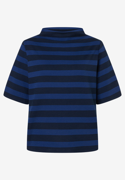 MORE & MORE Sweatshirt mit Breton-Streifen in Marineblau und Dunkelblau, Stehkragen und kurzen Ärmeln auf Weiß.