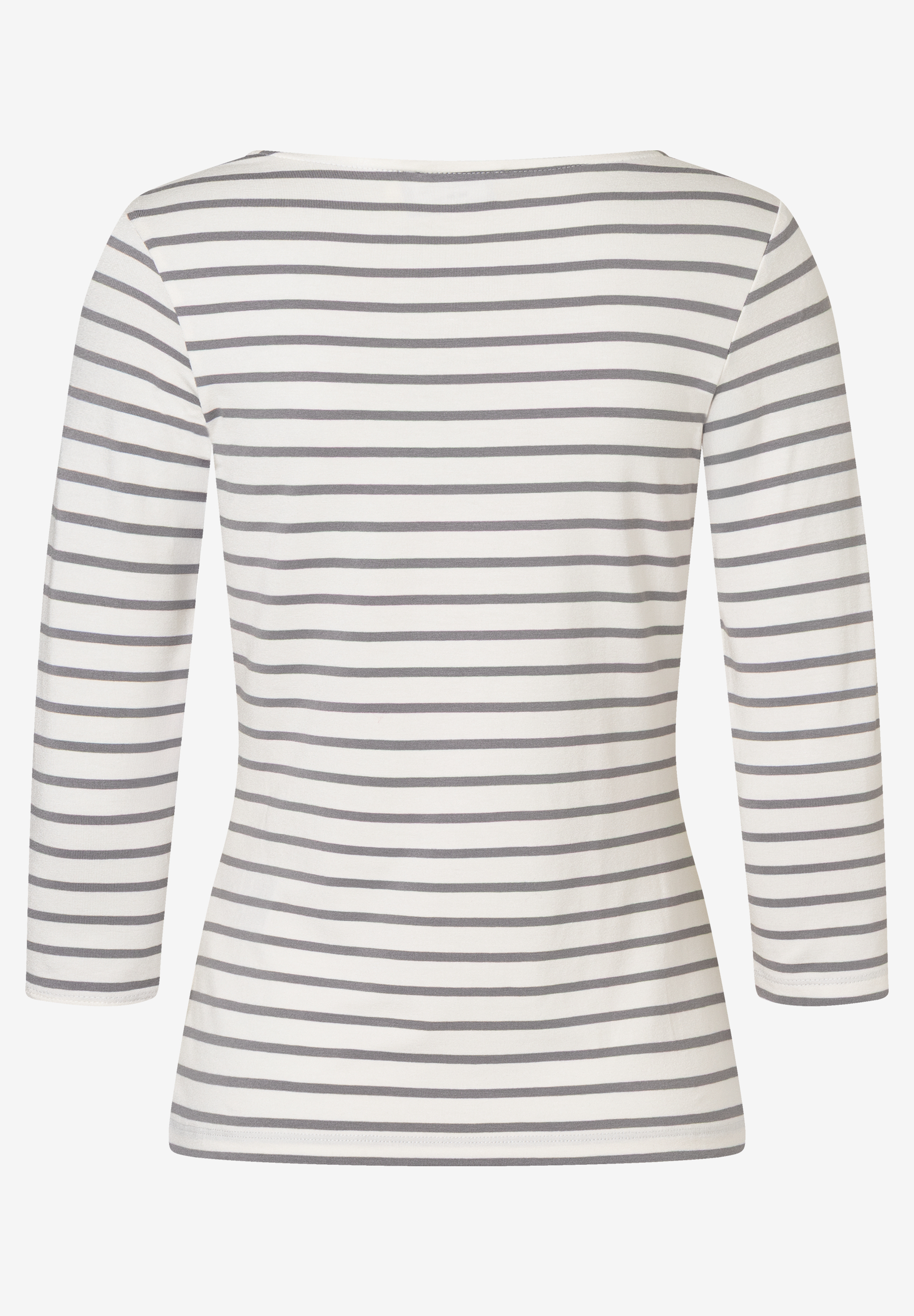 Ein MORE & MORE Oberteil mit grau-weißen Streifen und Dreiviertelärmeln. Ein MORE & MORE Oberteil mit grau-weißen Streifen und Dreiviertelärmeln.