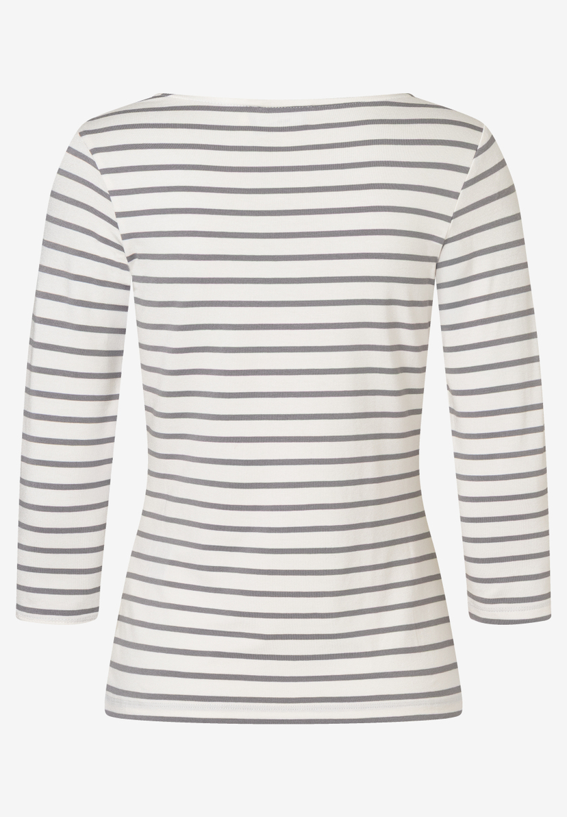 Ein MORE & MORE Oberteil mit grau-weißen Streifen und Dreiviertelärmeln. Ein MORE & MORE Oberteil mit grau-weißen Streifen und Dreiviertelärmeln.
