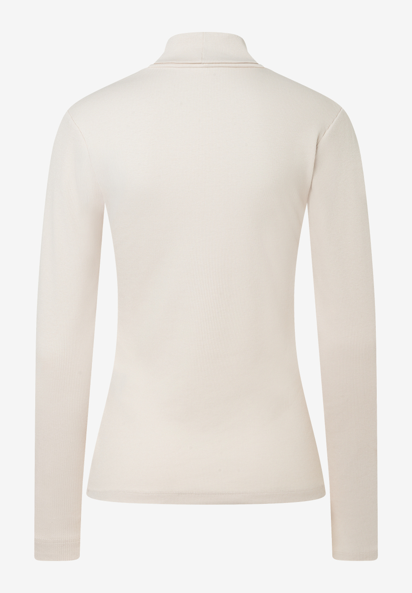 MORE & MORE Ripp-Shirt mit Stehkragen, langärmelig, in hellem Beige, Rückansicht.