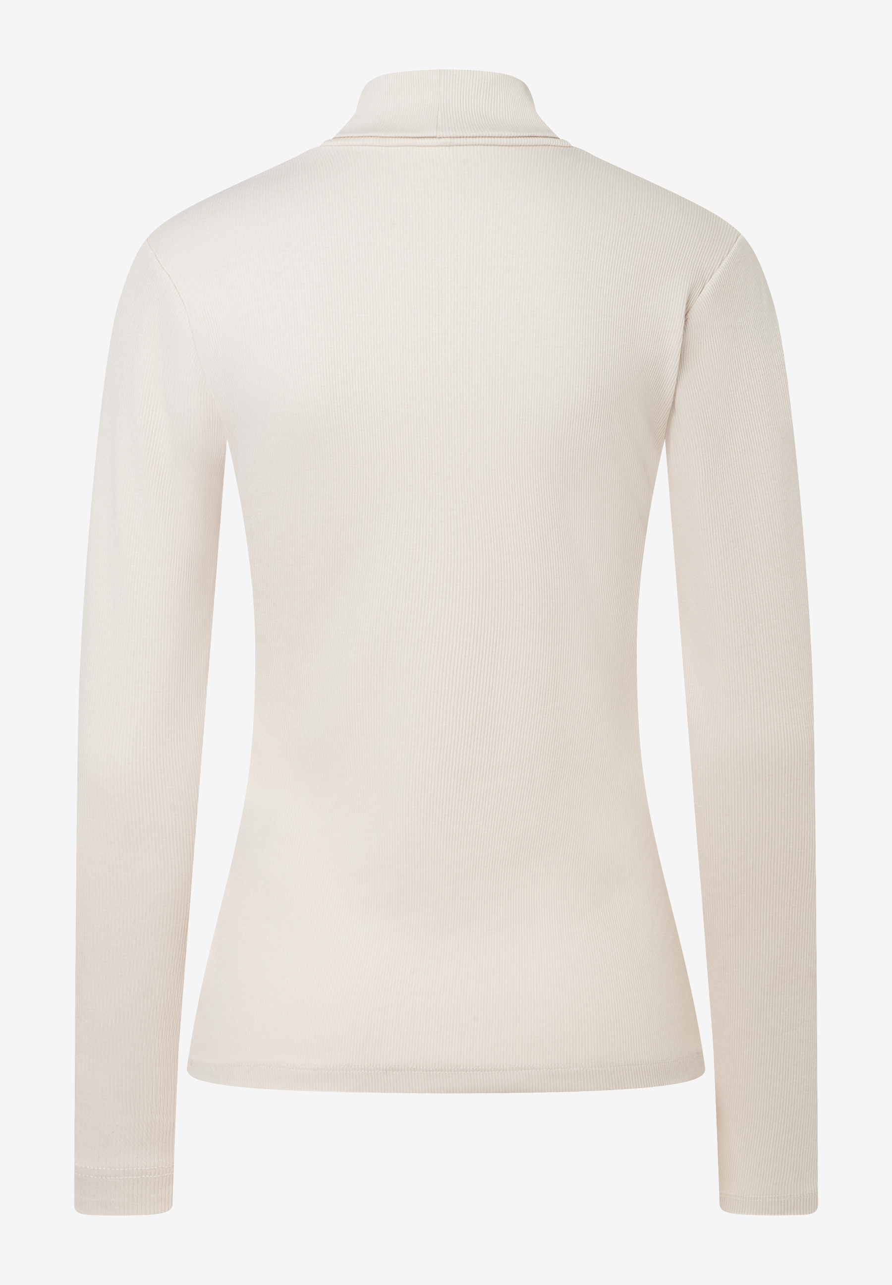 MORE & MORE Ripp-Shirt mit Stehkragen, langärmelig, in hellem Beige, Rückansicht. MORE & MORE Ripp-Shirt mit Stehkragen, langärmelig, in hellem Beige, Rückansicht.