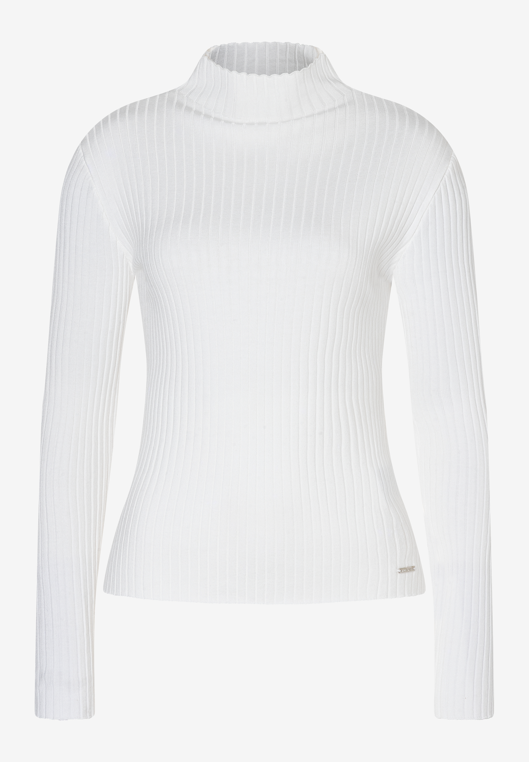Ein weißer, gerippter MORE & MORE Pullover mit Rollkragen und langen Ärmeln. Ein weißer, gerippter MORE & MORE Pullover mit Rollkragen und langen Ärmeln.