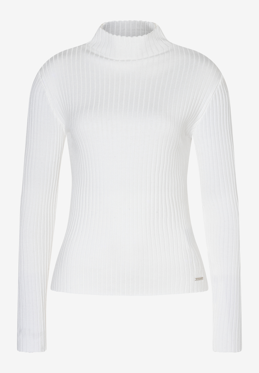 Ein weißer, gerippter MORE & MORE Pullover mit Rollkragen und langen Ärmeln. Ein weißer, gerippter MORE & MORE Pullover mit Rollkragen und langen Ärmeln.