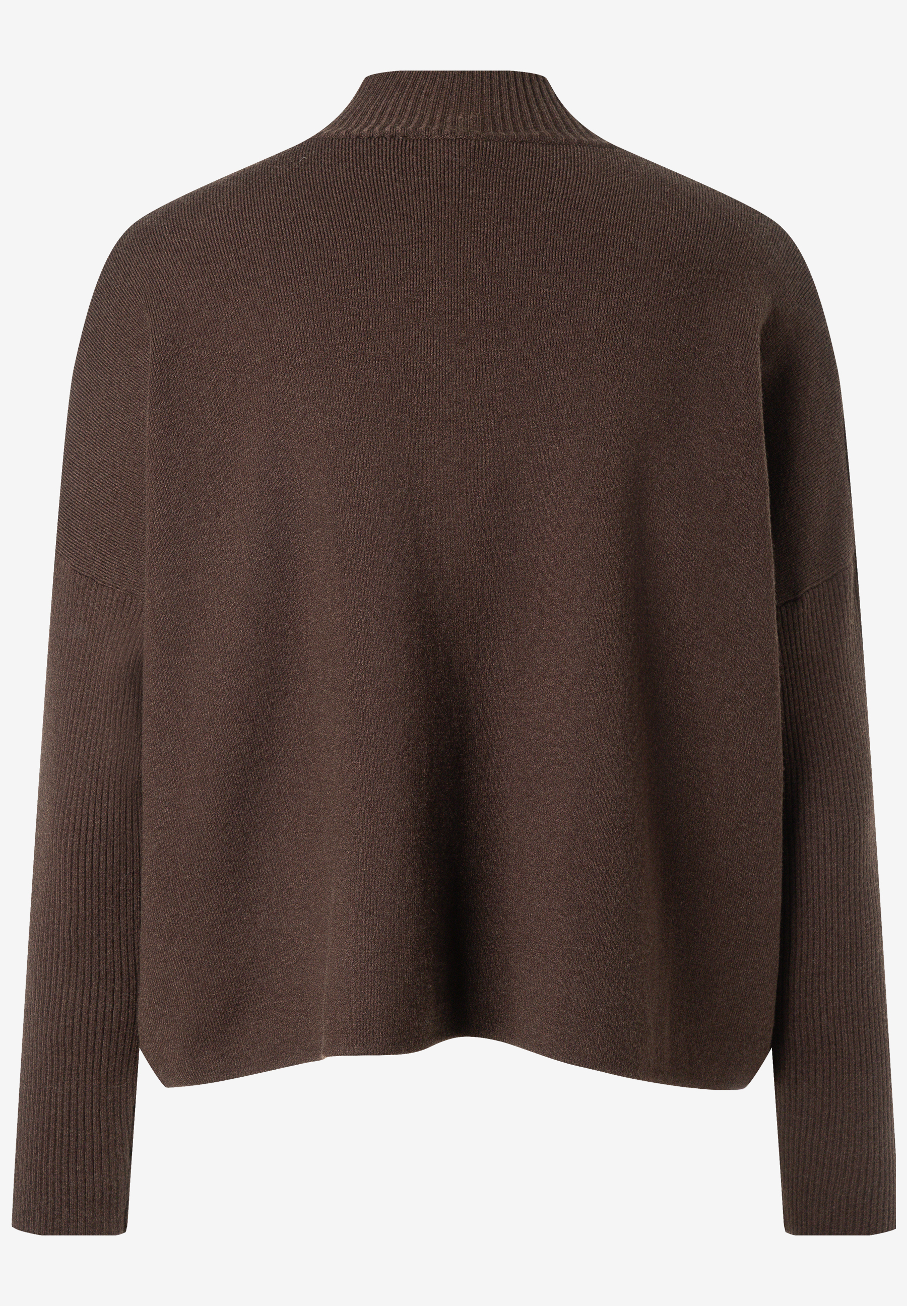 MORE & MORE Damen-Pullover aus Feinstrick in Dunkelbraun, Rückansicht mit hochgeschlossenem Kragen und gerippten Bündchen.