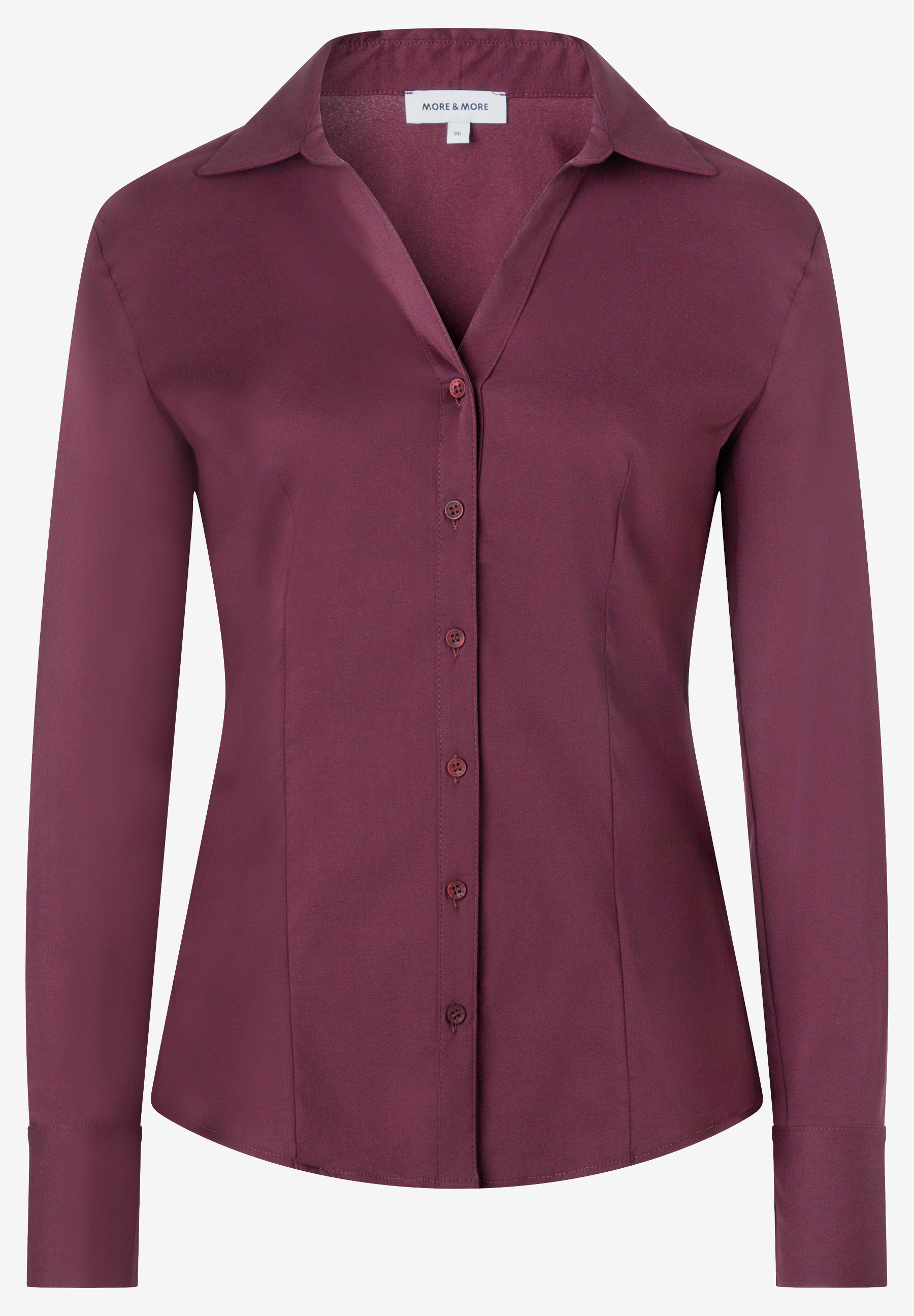 MORE & MORE Damen-Bluse in Dunkelrot, tailliert geschnitten, mit V-Ausschnitt, Umlegekragen und Knopfleiste. MORE & MORE Damen-Bluse in Dunkelrot, tailliert geschnitten, mit V-Ausschnitt, Umlegekragen und Knopfleiste.