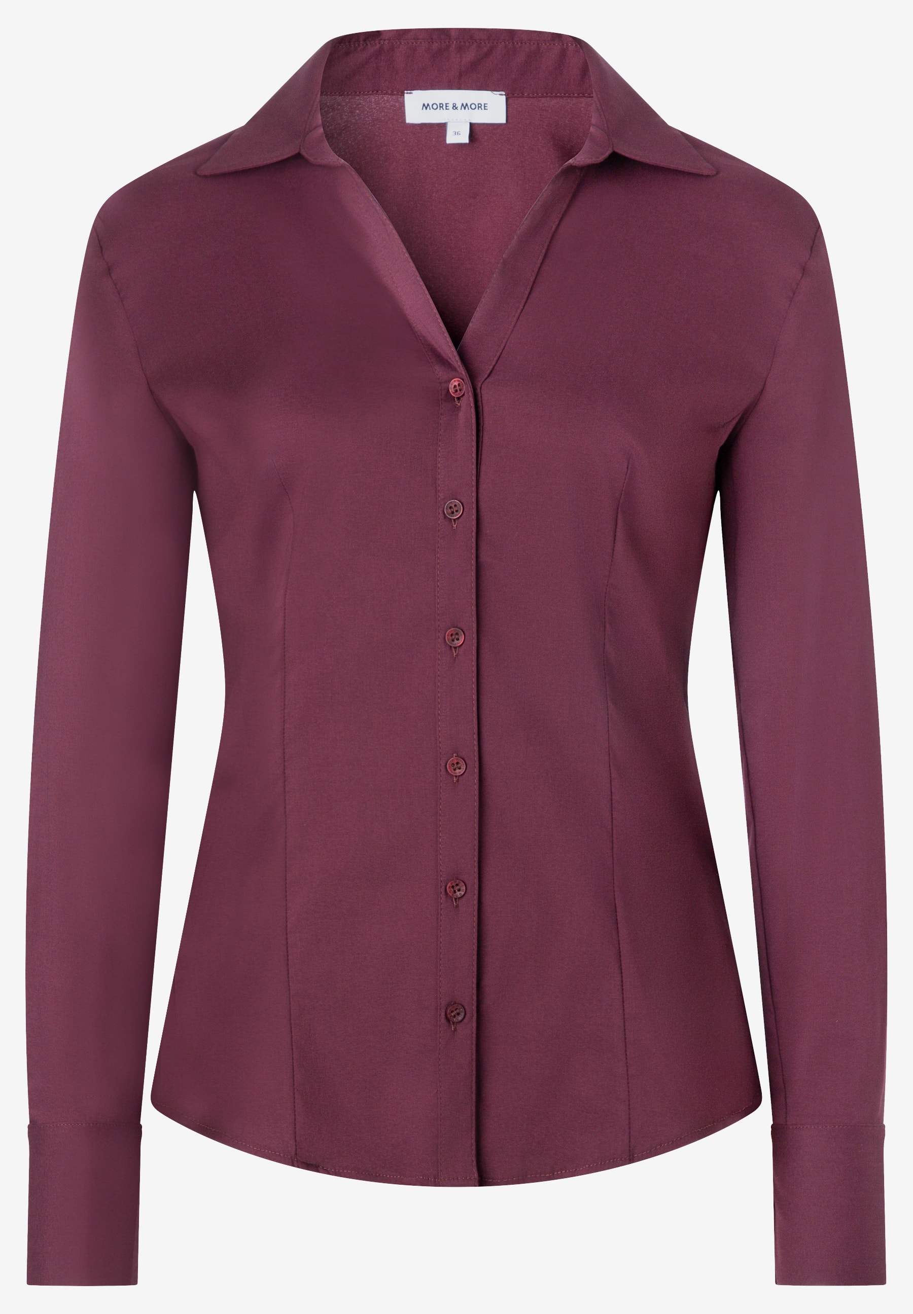 MORE & MORE Damen-Bluse in Dunkelrot, tailliert geschnitten, mit V-Ausschnitt, Umlegekragen und Knopfleiste.