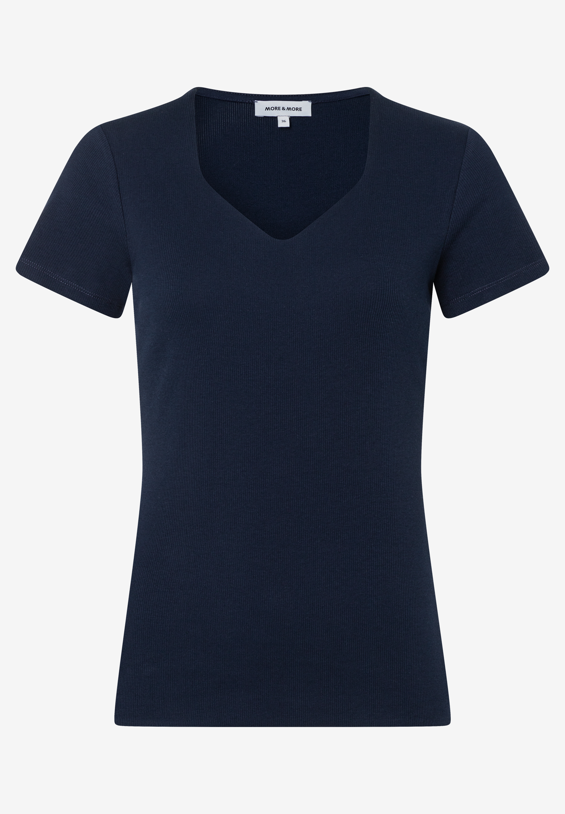 Ein geripptes, dunkelblaues MORE & MORE T-Shirt mit V-Ausschnitt liegt flach auf einem weißen Hintergrund. Ein geripptes, dunkelblaues MORE & MORE T-Shirt mit V-Ausschnitt liegt flach auf einem weißen Hintergrund.