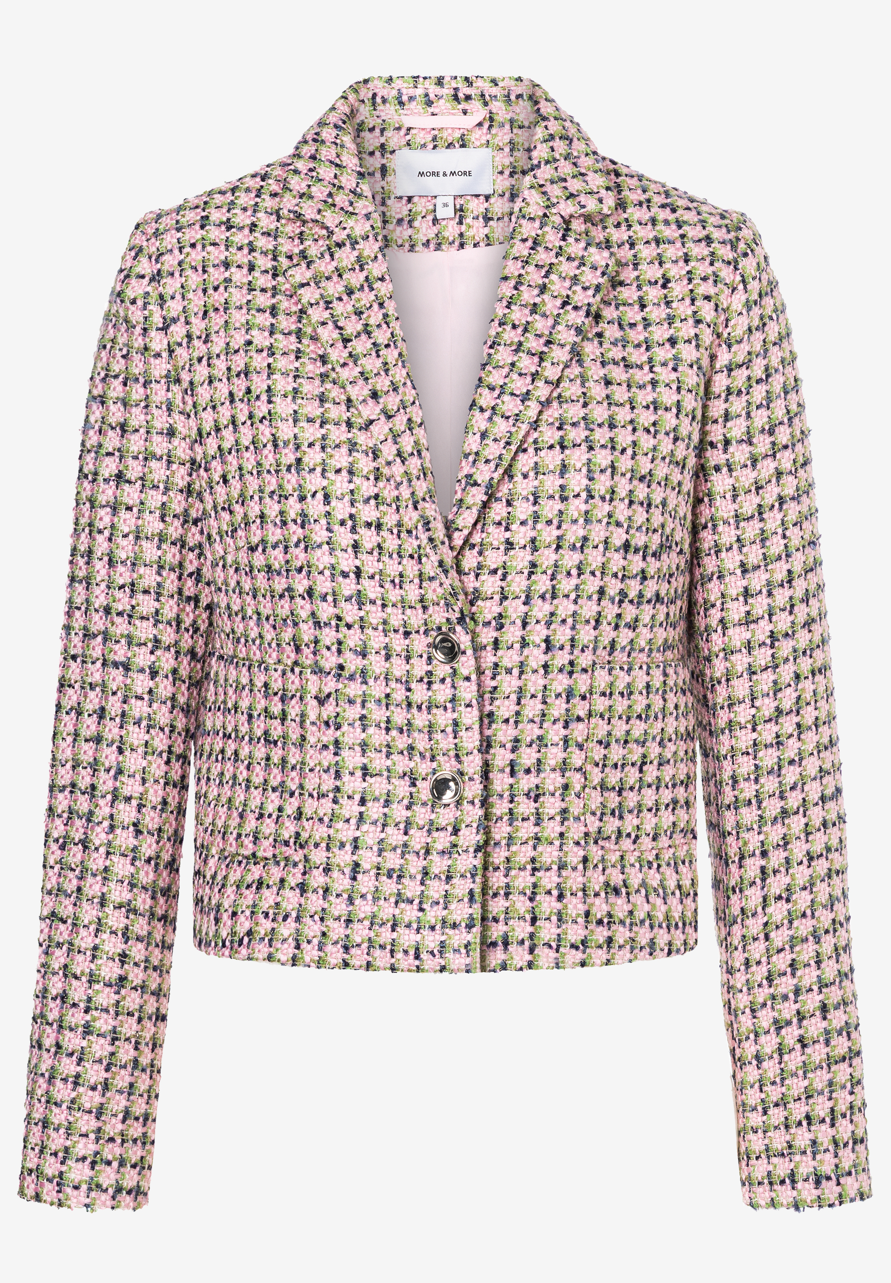 Ein MORE & MORE Blazer in Rosa mit Tweed-Muster, geschlossen mit zwei Knöpfen. Ein MORE & MORE Blazer in Rosa mit Tweed-Muster, geschlossen mit zwei Knöpfen.
