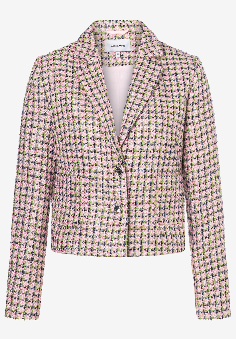 Ein MORE & MORE Blazer in Rosa mit Tweed-Muster, geschlossen mit zwei Knöpfen. Ein MORE & MORE Blazer in Rosa mit Tweed-Muster, geschlossen mit zwei Knöpfen.