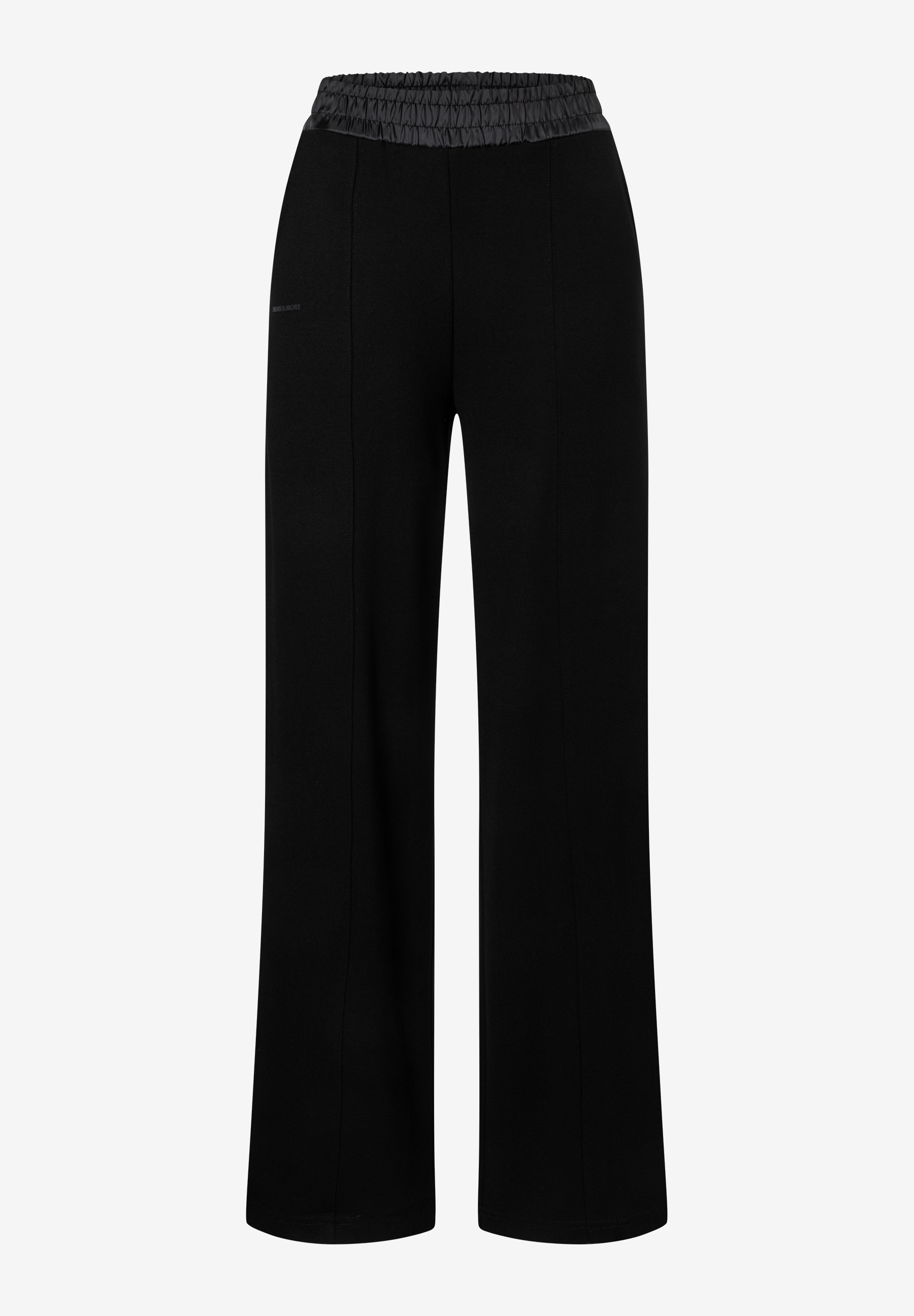 MORE & MORE schwarze Jersey-Jeans mit weitem Bein, elastischem Bund und seitlichem Label-Print für hohen Tragekomfort.