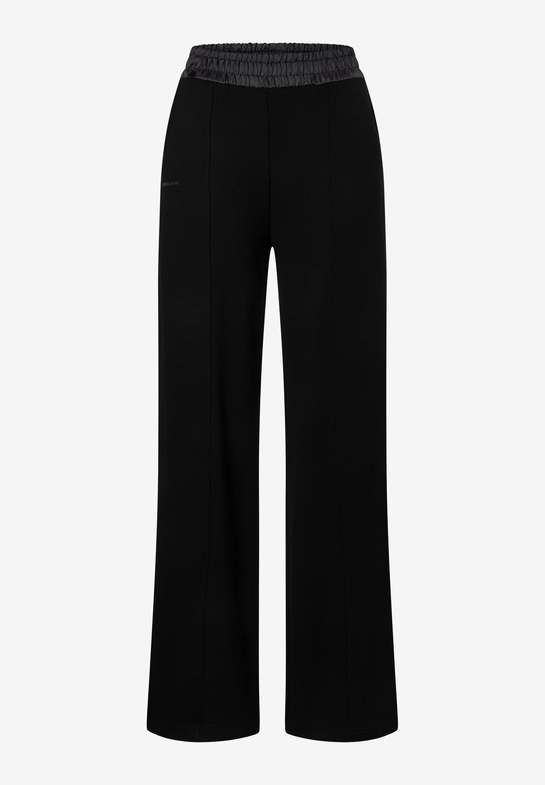 MORE & MORE schwarze Jersey-Jeans mit weitem Bein, elastischem Bund und seitlichem Label-Print für hohen Tragekomfort. MORE & MORE schwarze Jersey-Jeans mit weitem Bein, elastischem Bund und seitlichem Label-Print für hohen Tragekomfort.