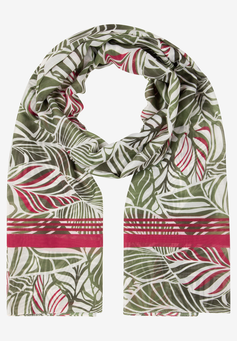MORE & MORE Accessoire: Ein weißer Schal mit großen Blättern in Grün und Rot, sowie roten Querstreifen am unteren Ende. MORE & MORE Accessoire: Ein weißer Schal mit großen Blättern in Grün und Rot, sowie roten Querstreifen am unteren Ende.