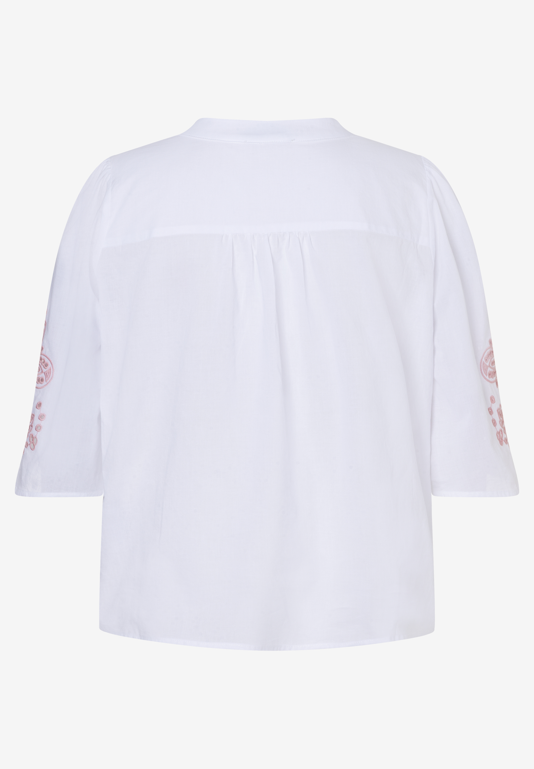 Eine weiße MORE & MORE Bluse mit rosa Stickerei an den Ärmeln. Eine weiße MORE & MORE Bluse mit rosa Stickerei an den Ärmeln.