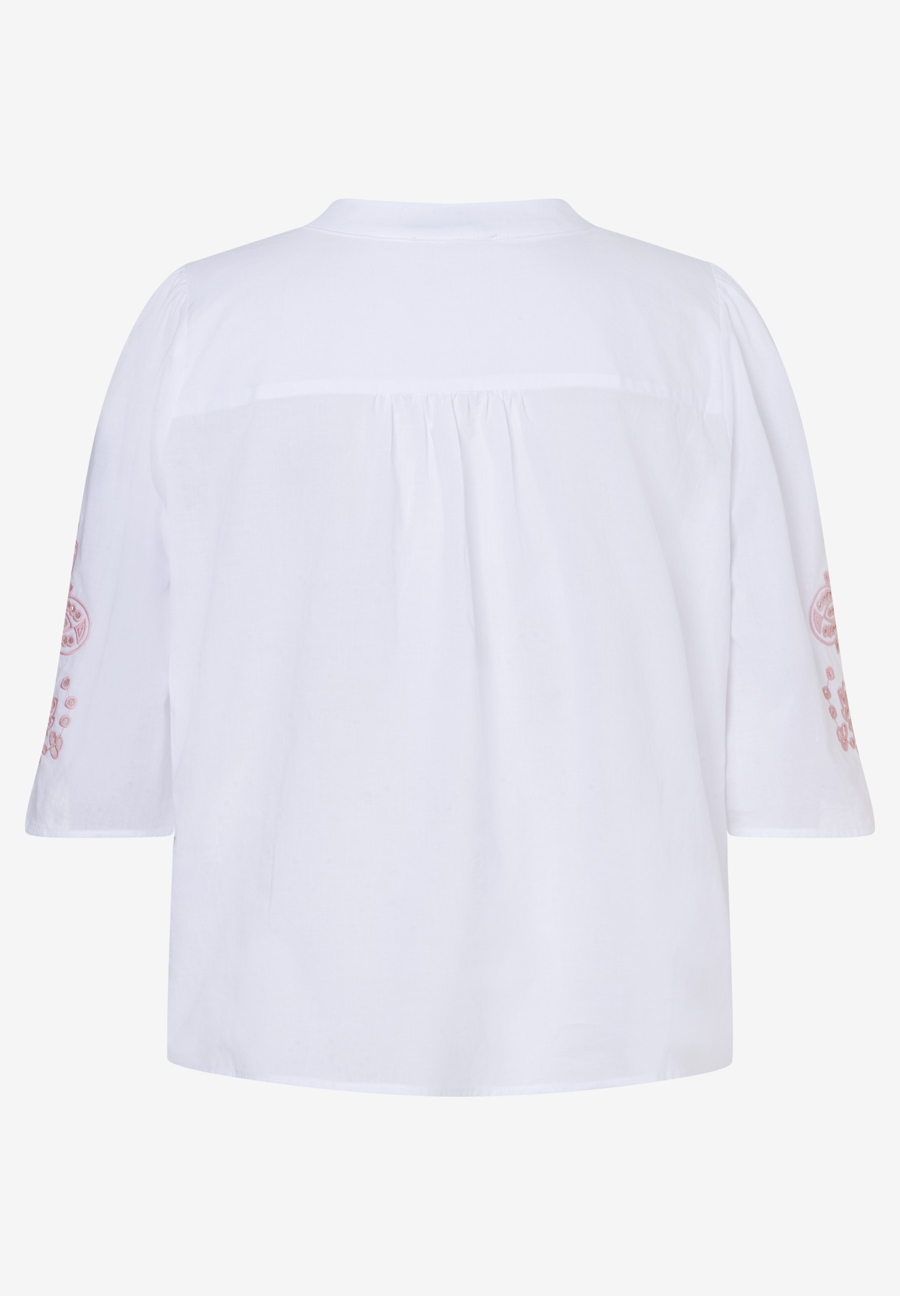Eine weiße MORE & MORE Bluse mit rosa Stickerei an den Ärmeln. Eine weiße MORE & MORE Bluse mit rosa Stickerei an den Ärmeln.