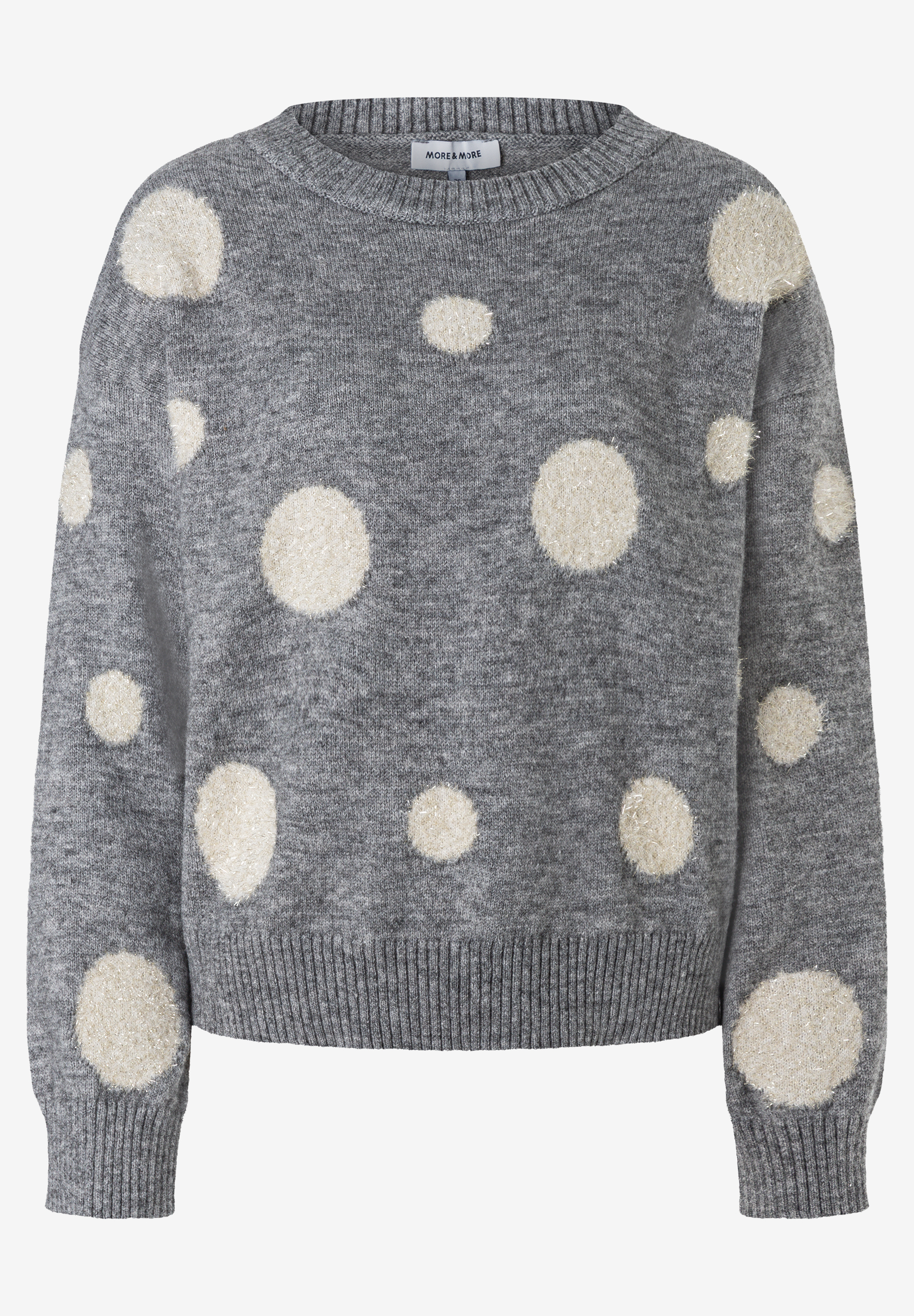 MORE & MORE Pullover: Grauer Strickpullover mit beigen, glitzernden Polka Dots.