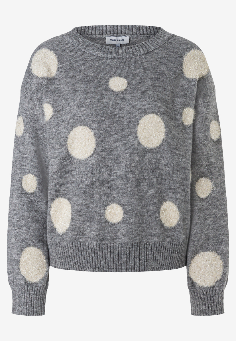 MORE & MORE Pullover: Grauer Strickpullover mit beigen, glitzernden Polka Dots.