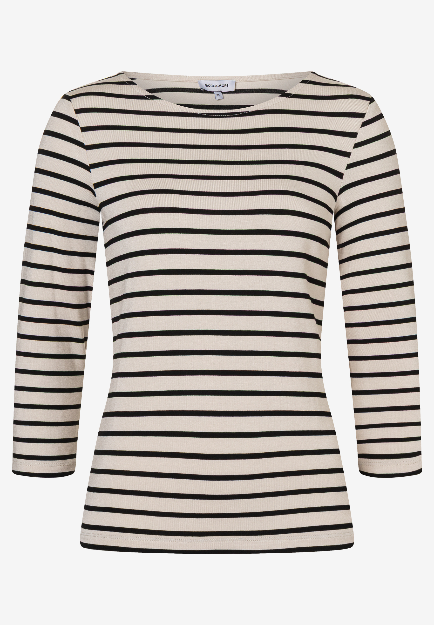 Ein MORE & MORE Jersey-Oberteil mit schwarzen Streifen und Dreiviertelärmeln. Ein MORE & MORE Jersey-Oberteil mit schwarzen Streifen und Dreiviertelärmeln.