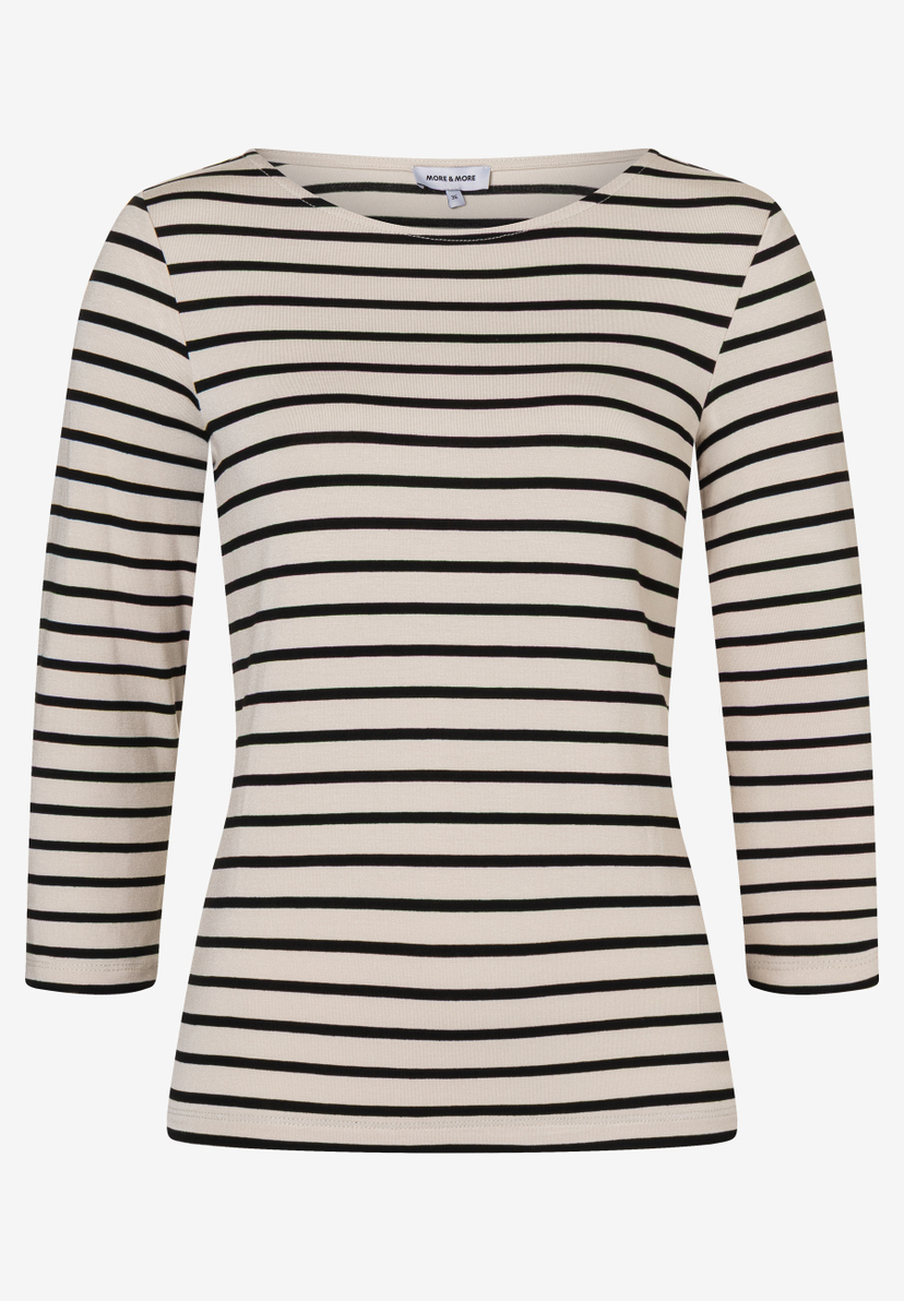 Ein MORE & MORE Jersey-Oberteil mit schwarzen Streifen und Dreiviertelärmeln. Ein MORE & MORE Jersey-Oberteil mit schwarzen Streifen und Dreiviertelärmeln.