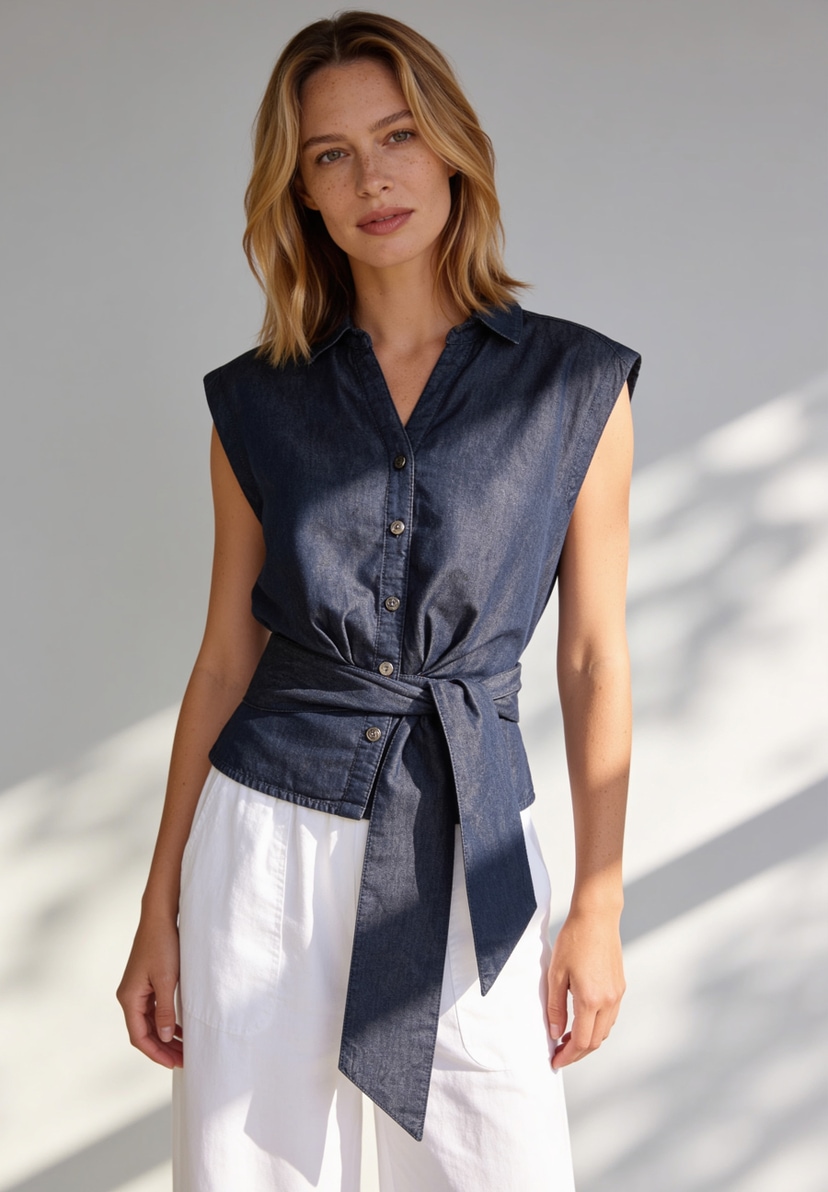 MORE & MORE Damenbluse aus Denim mit kurzer Knopfleiste und Gürtel. Eine Blondine posiert vor weißem Hintergrund. MORE & MORE Damenbluse aus Denim mit kurzer Knopfleiste und Gürtel. Eine Blondine posiert vor weißem Hintergrund.