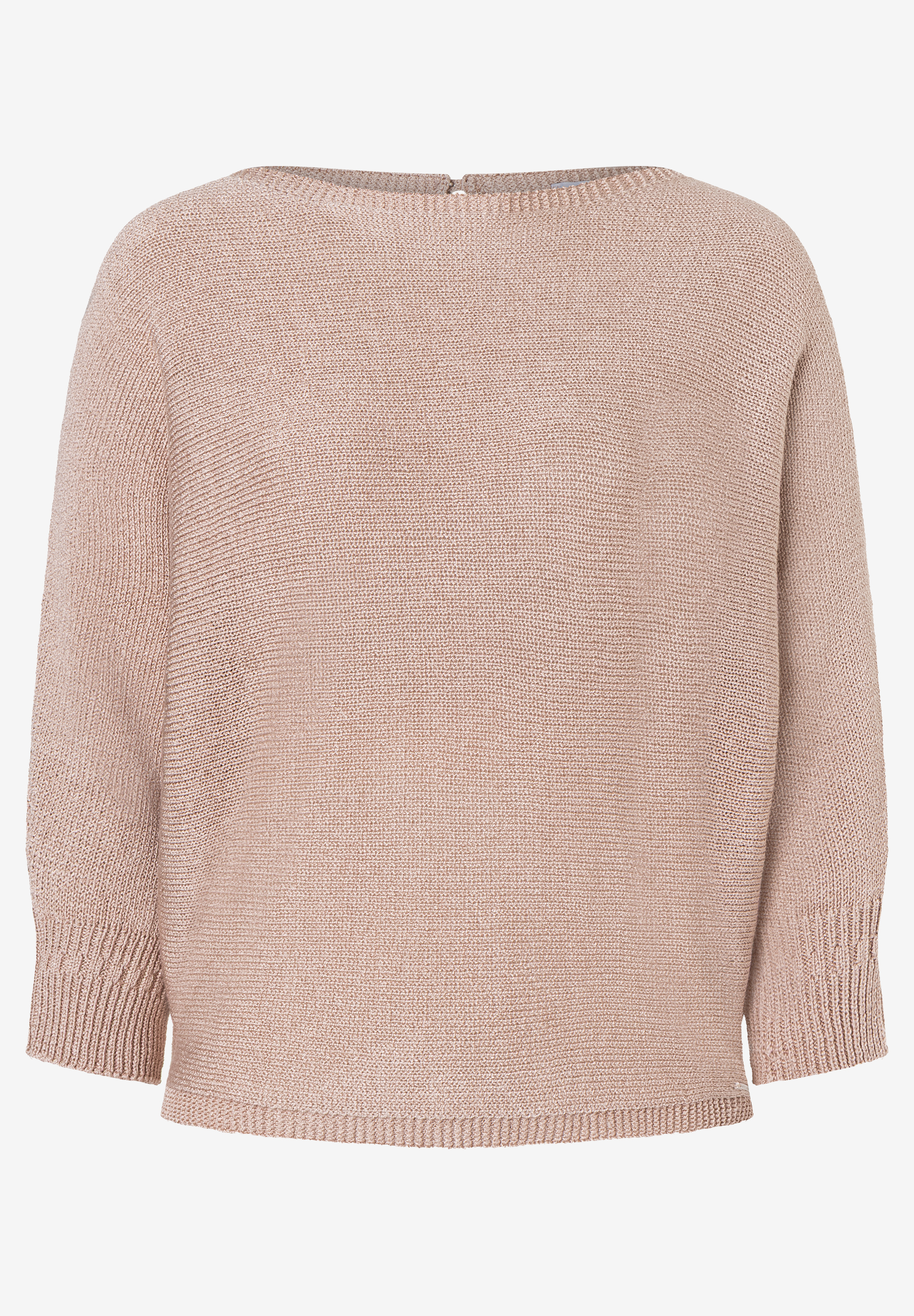 Ein rosafarbener Strickpullover von MORE & MORE mit glänzender Optik und Dreiviertelärmeln vor einem weißen Hintergrund. Ein rosafarbener Strickpullover von MORE & MORE mit glänzender Optik und Dreiviertelärmeln vor einem weißen Hintergrund.